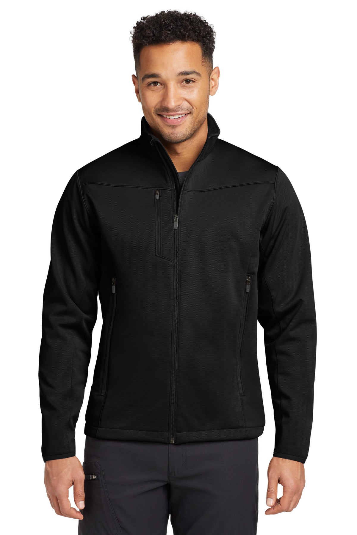 Front View of Black Eddie Bauer Weather-Resist Soft Shell Jacket. EB538