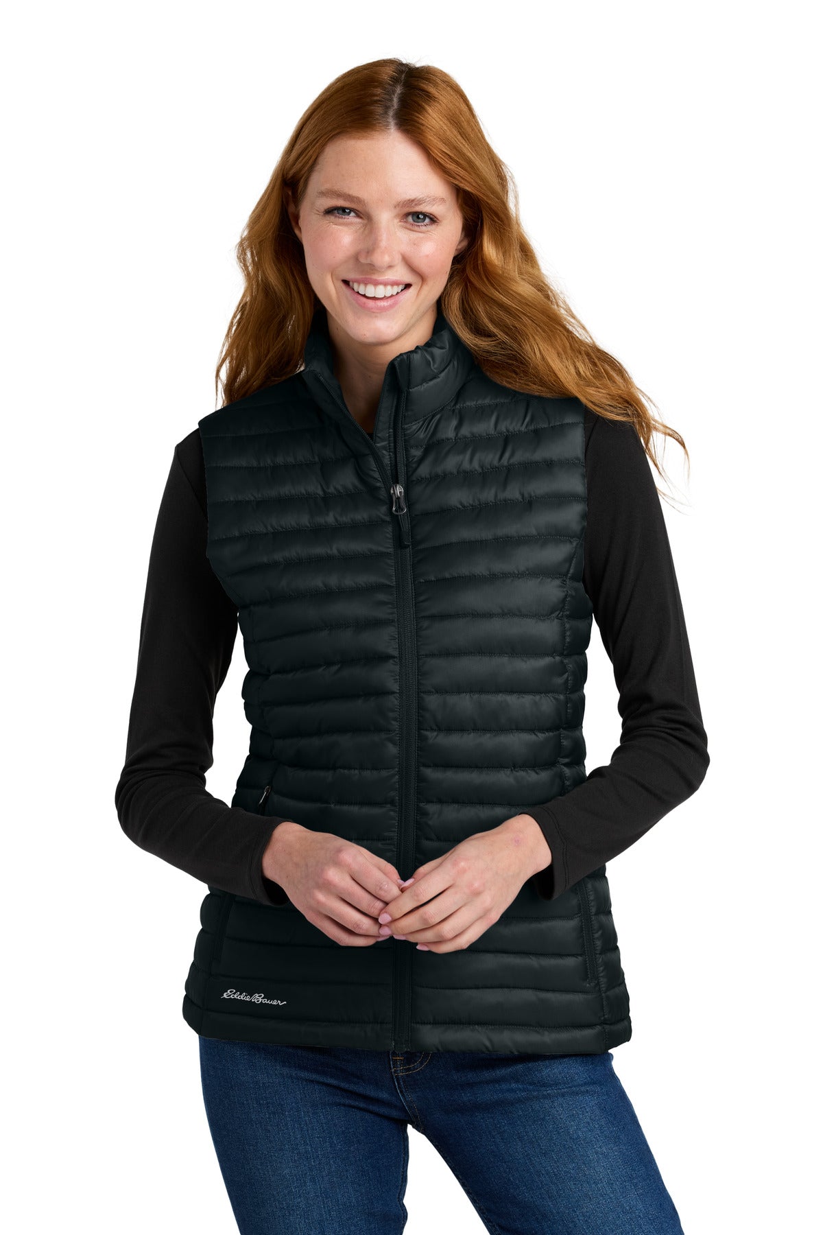 Front View of Black Eddie Bauer Women's Packable Quilted Vest EB517