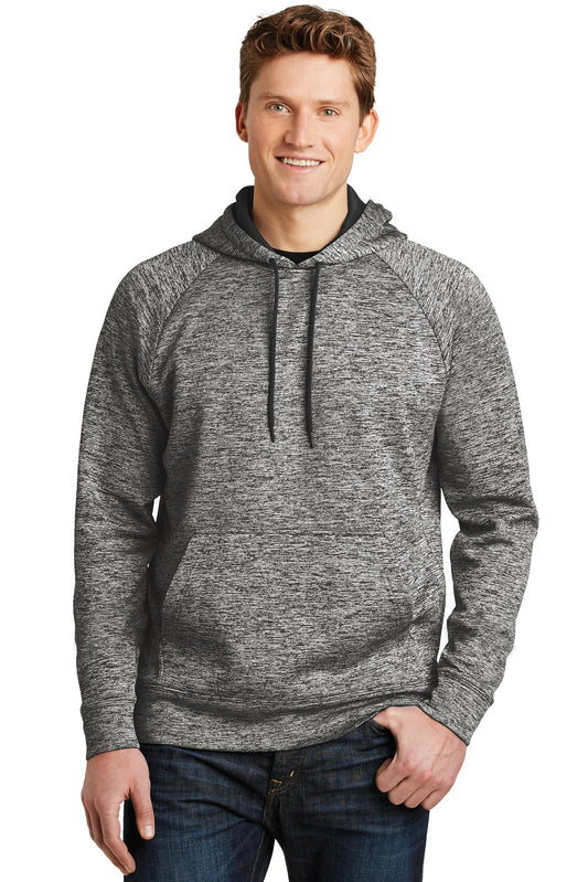 Front View of Black Electric Sport-Tek PosiCharge Electric Heather Fleece Hooded Pullover. ST225