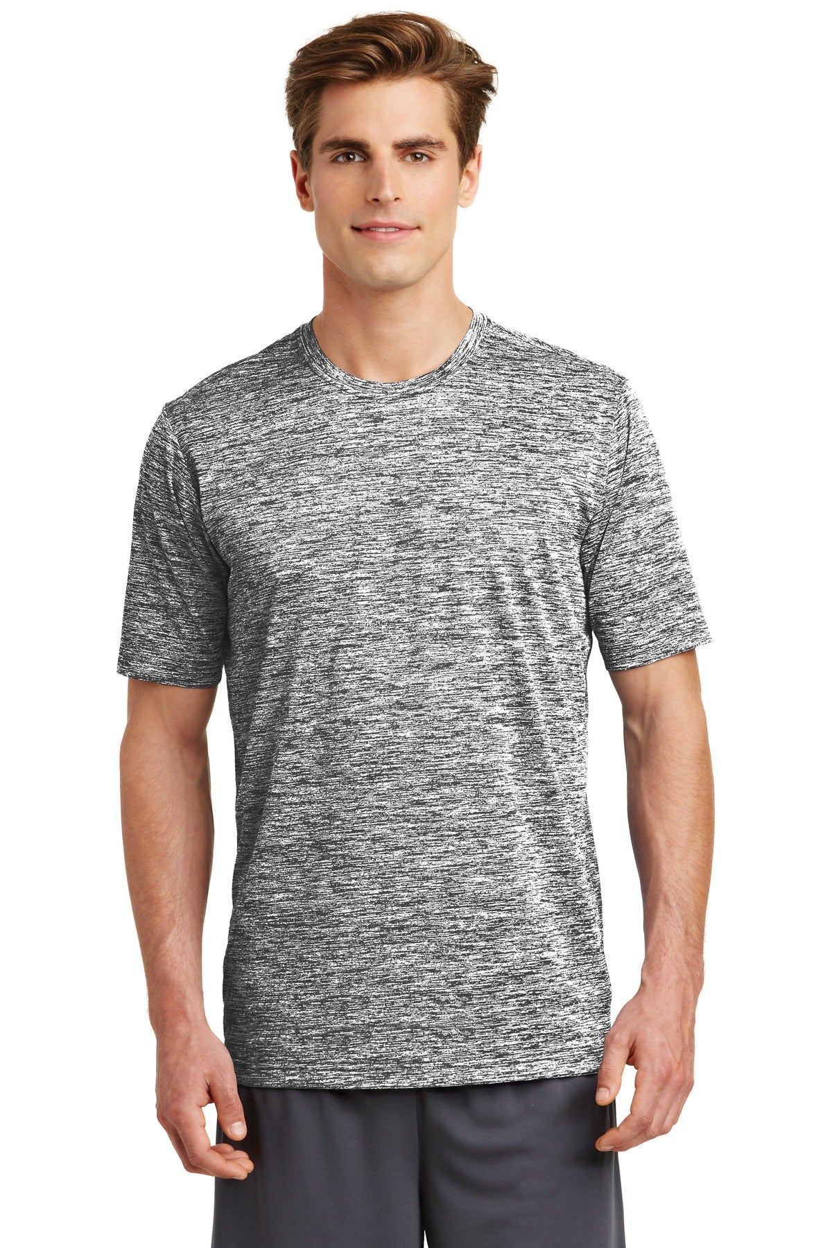 Front View of Black Electric Sport-Tek PosiCharge Electric Heather Tee. ST390