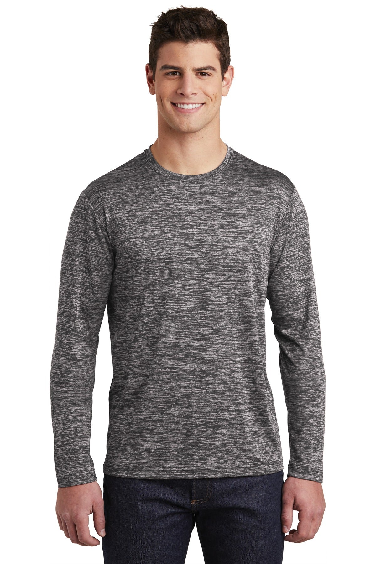 Front View of Black Electric Sport-Tek PosiCharge Long Sleeve Electric Heather Tee. ST390LS