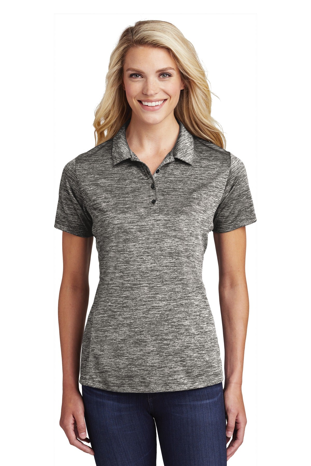 Front View of Black Electric Sport-Tek Women's PosiCharge Electric Heather Polo. LST590