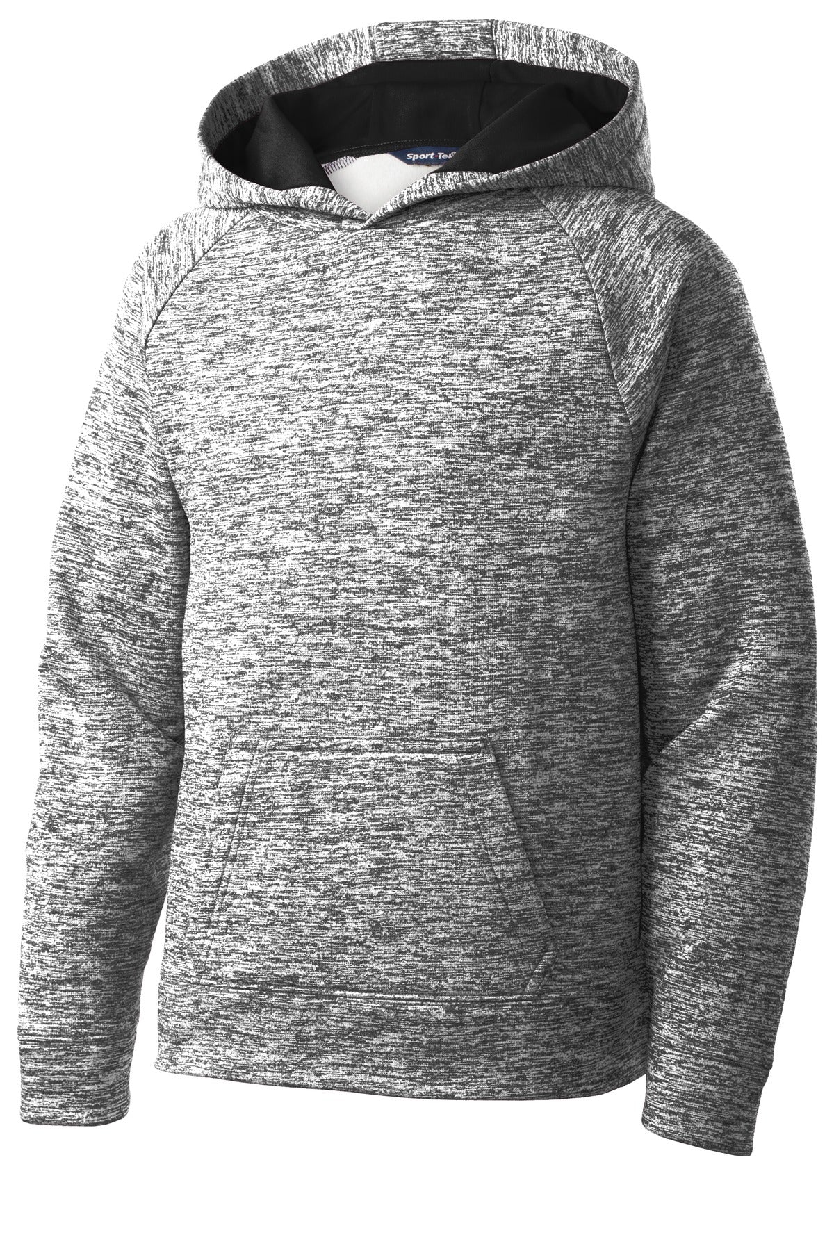 Front View of Black Electric Sport-Tek Youth PosiCharge Electric Heather Fleece Hooded Pullover. YST225