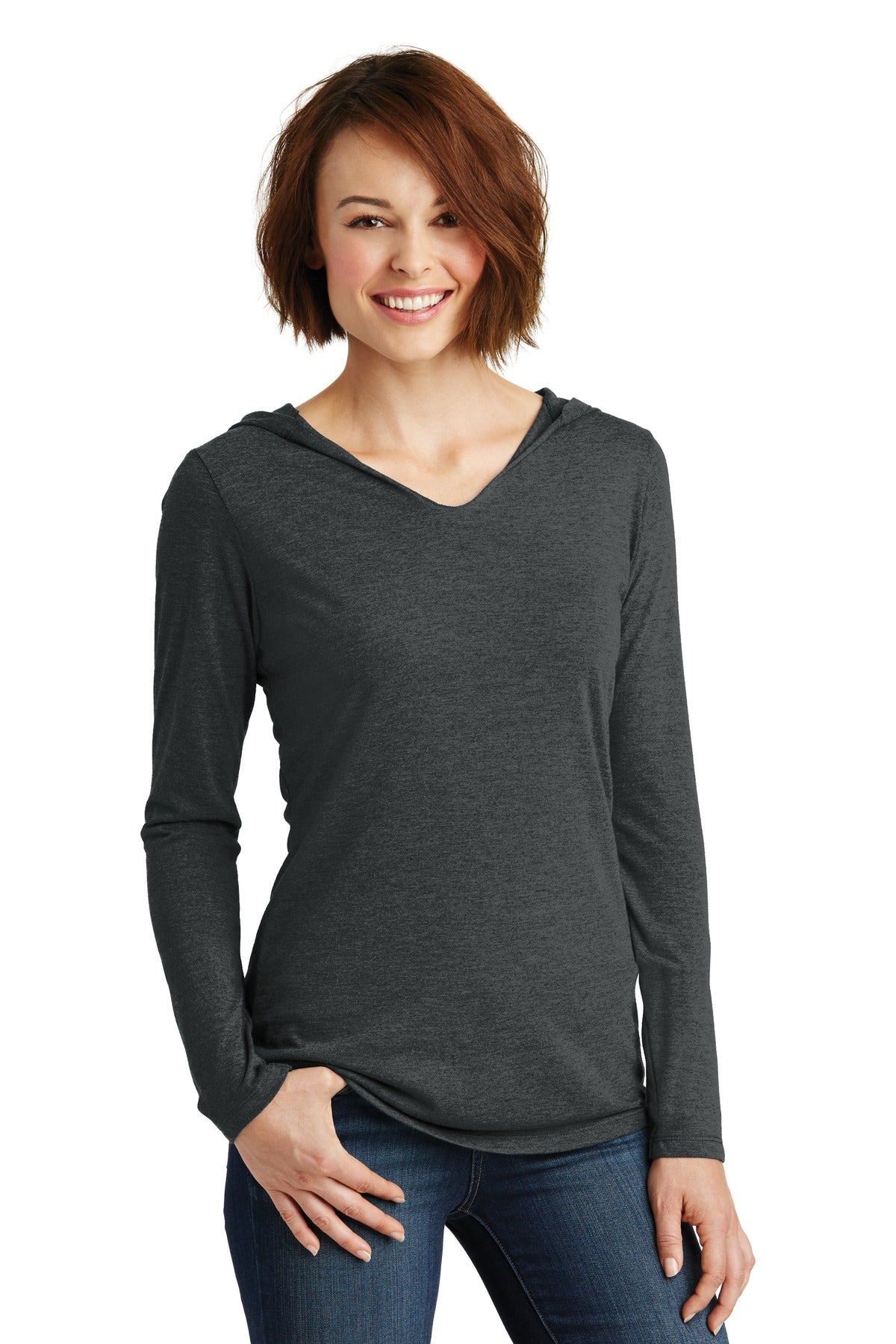 Front View of Black Frost District Women's Perfect Tri Long Sleeve Hoodie. DM139L