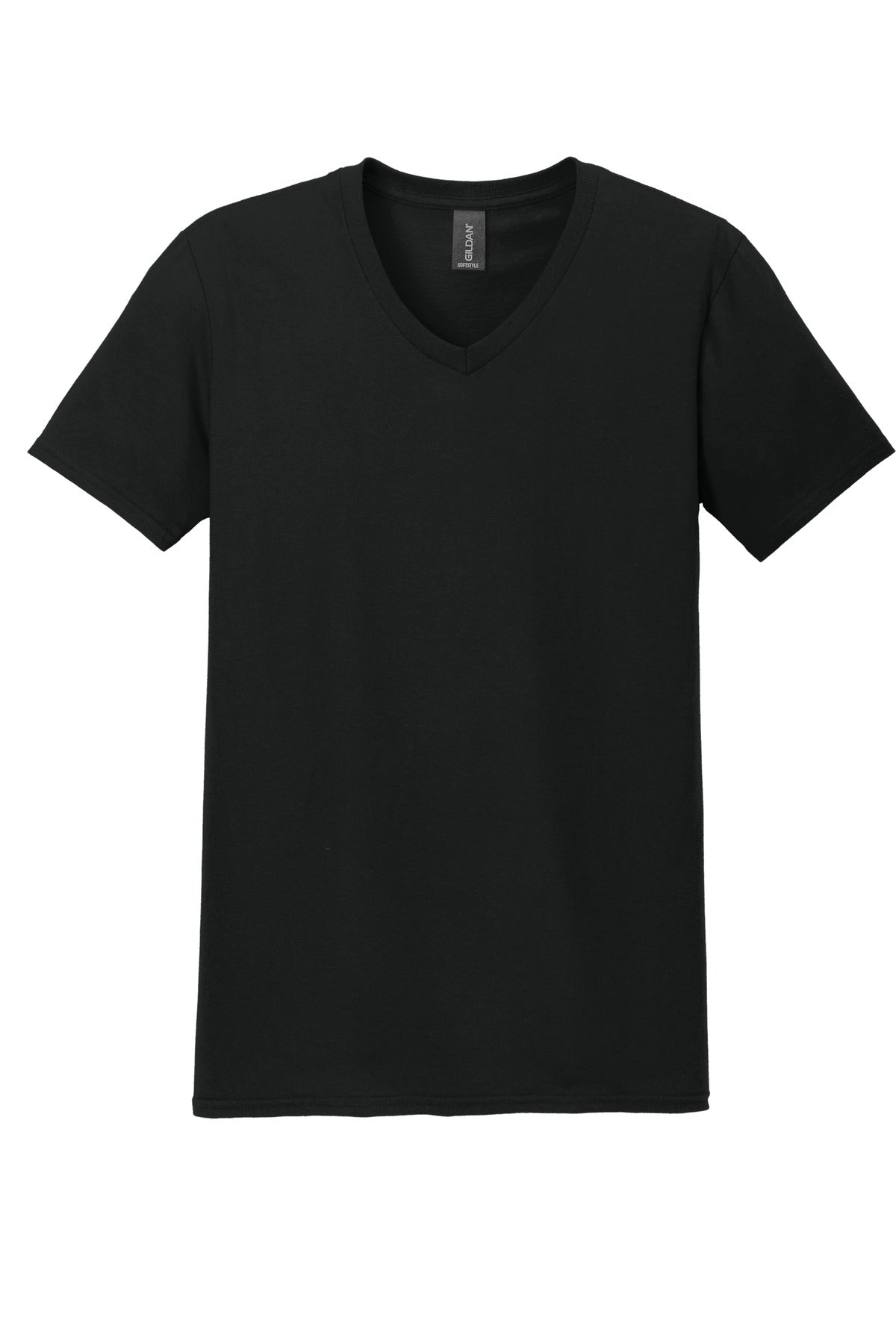 Front View of Black Gildan Softstyle V-Neck T-Shirt. 64V00