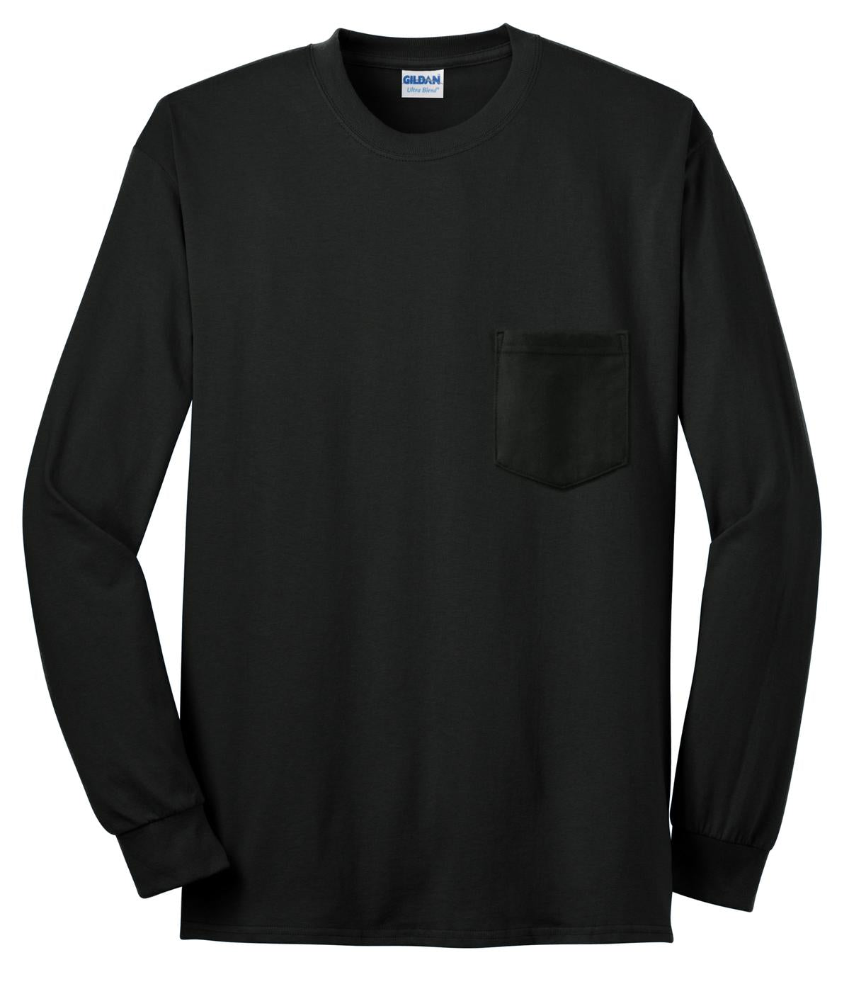 Front View of Black Gildan - Ultra Cotton 100% US Cotton Long Sleeve T-Shirt with Pocket. 2410