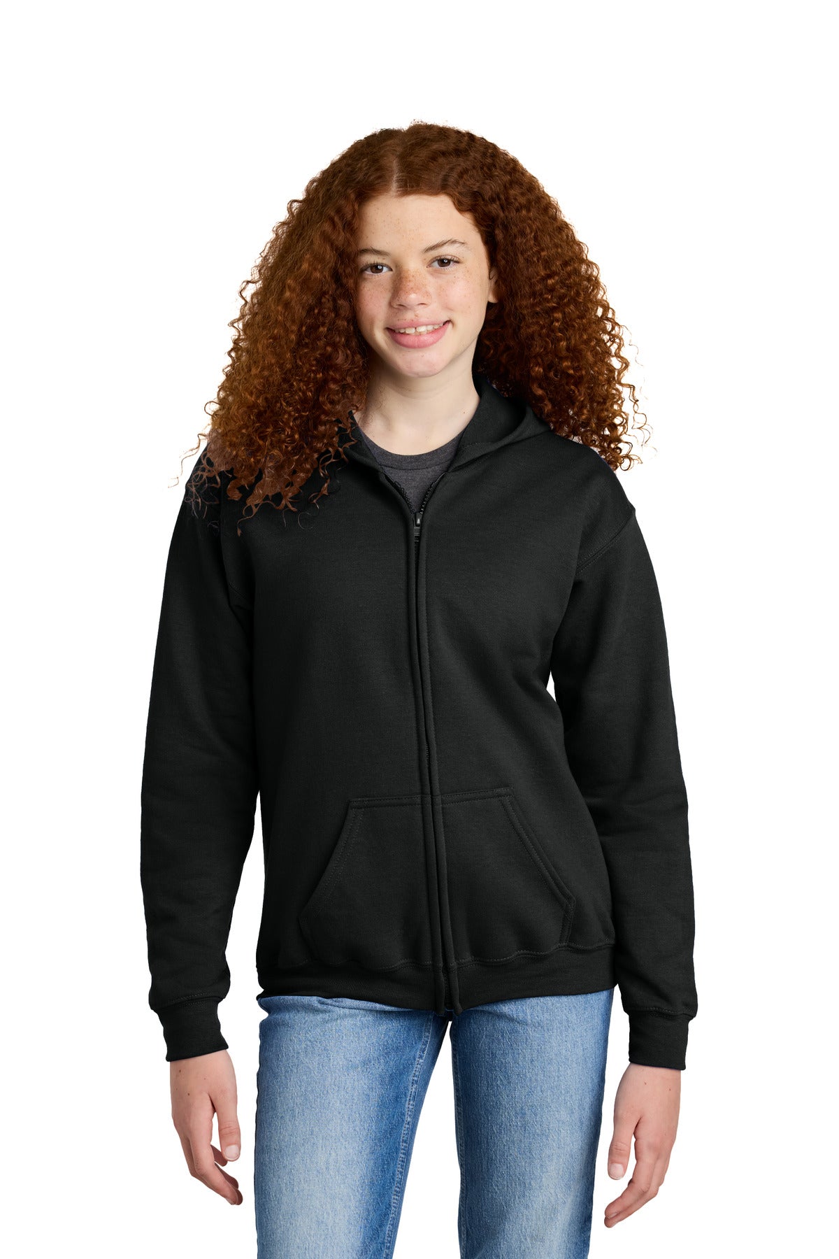 Front View of Black Gildan Youth Heavy Blend Full-Zip Hooded Sweatshirt. 18600B