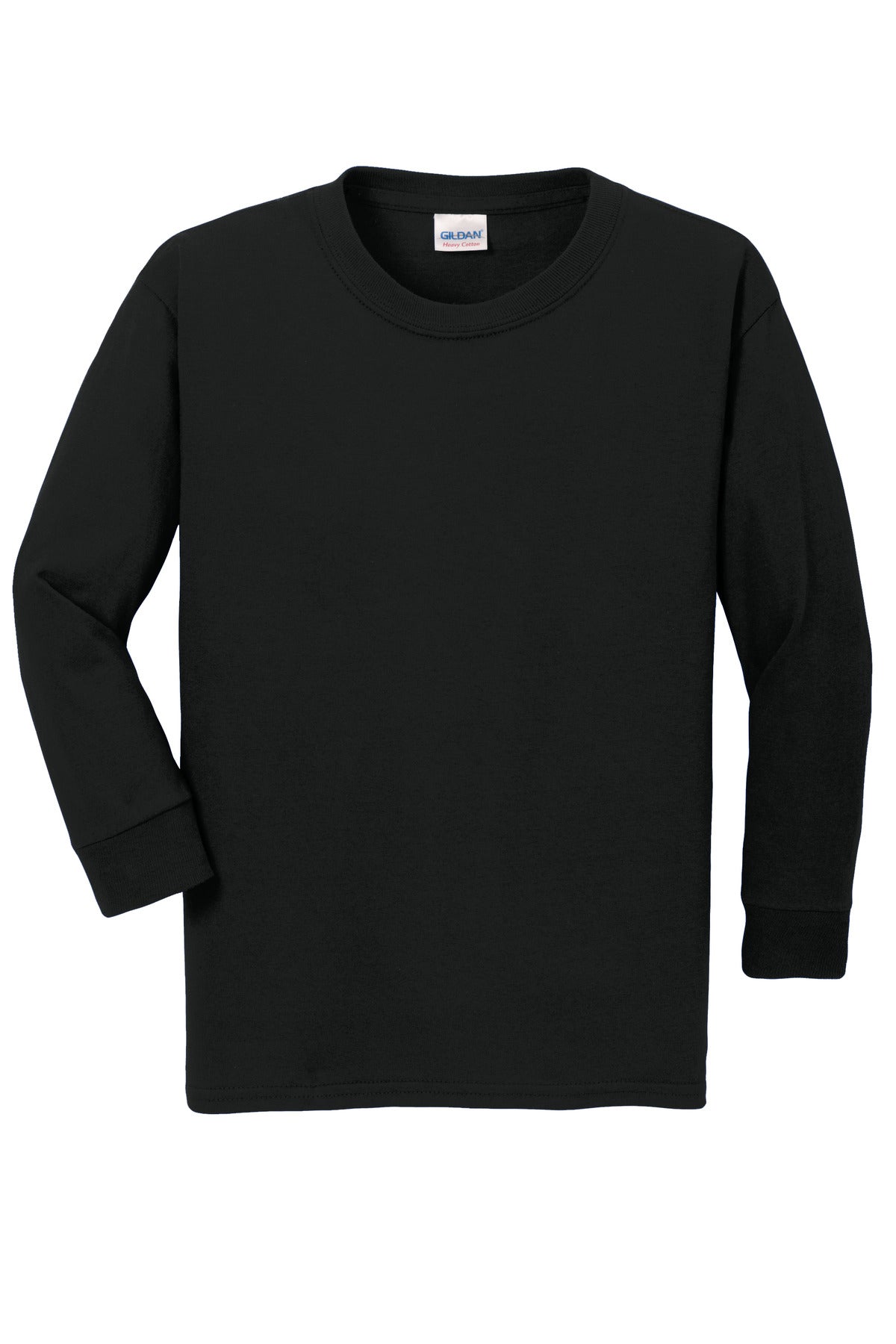 Front View of Black Gildan Youth Heavy Cotton 100% Cotton Long Sleeve T-Shirt. 5400B