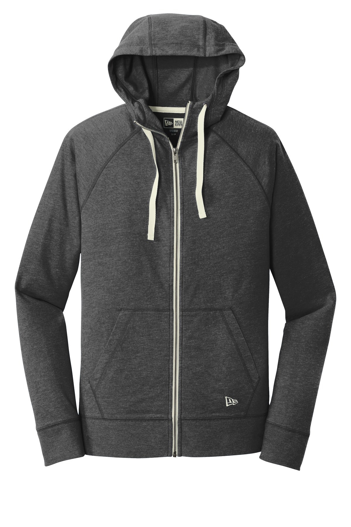 Front View of Black Heather New Era Sueded Cotton Blend Full-Zip Hoodie. NEA122
