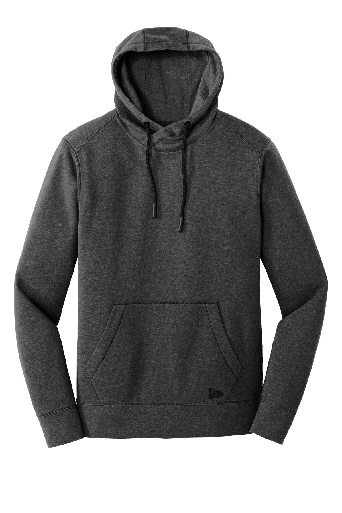 Front View of Black Heather New Era Tri-Blend Fleece Pullover Hoodie. NEA510