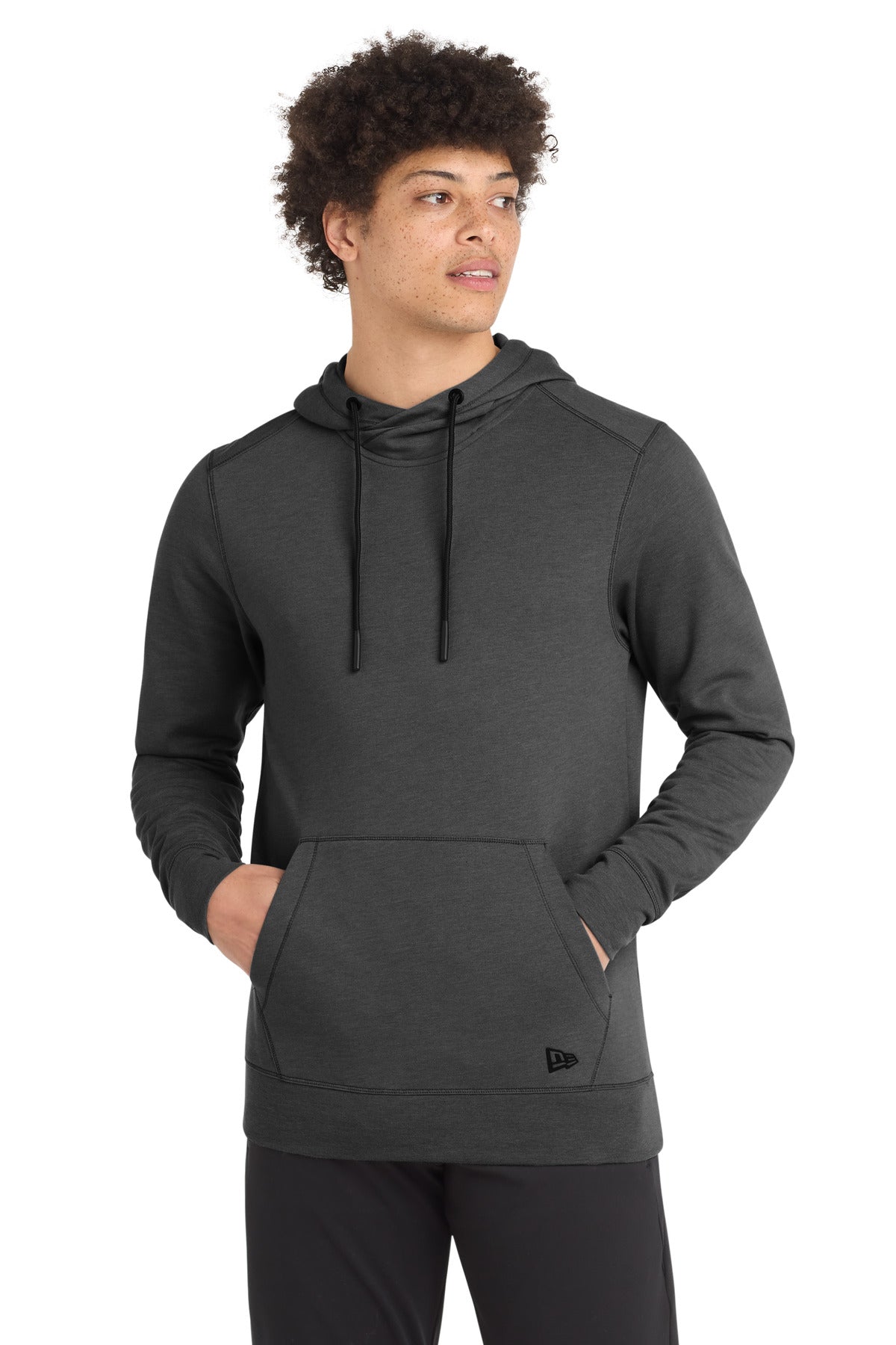 Front View of Black Heather New Era Tri-Blend Fleece Pullover Hoodie. NEA510