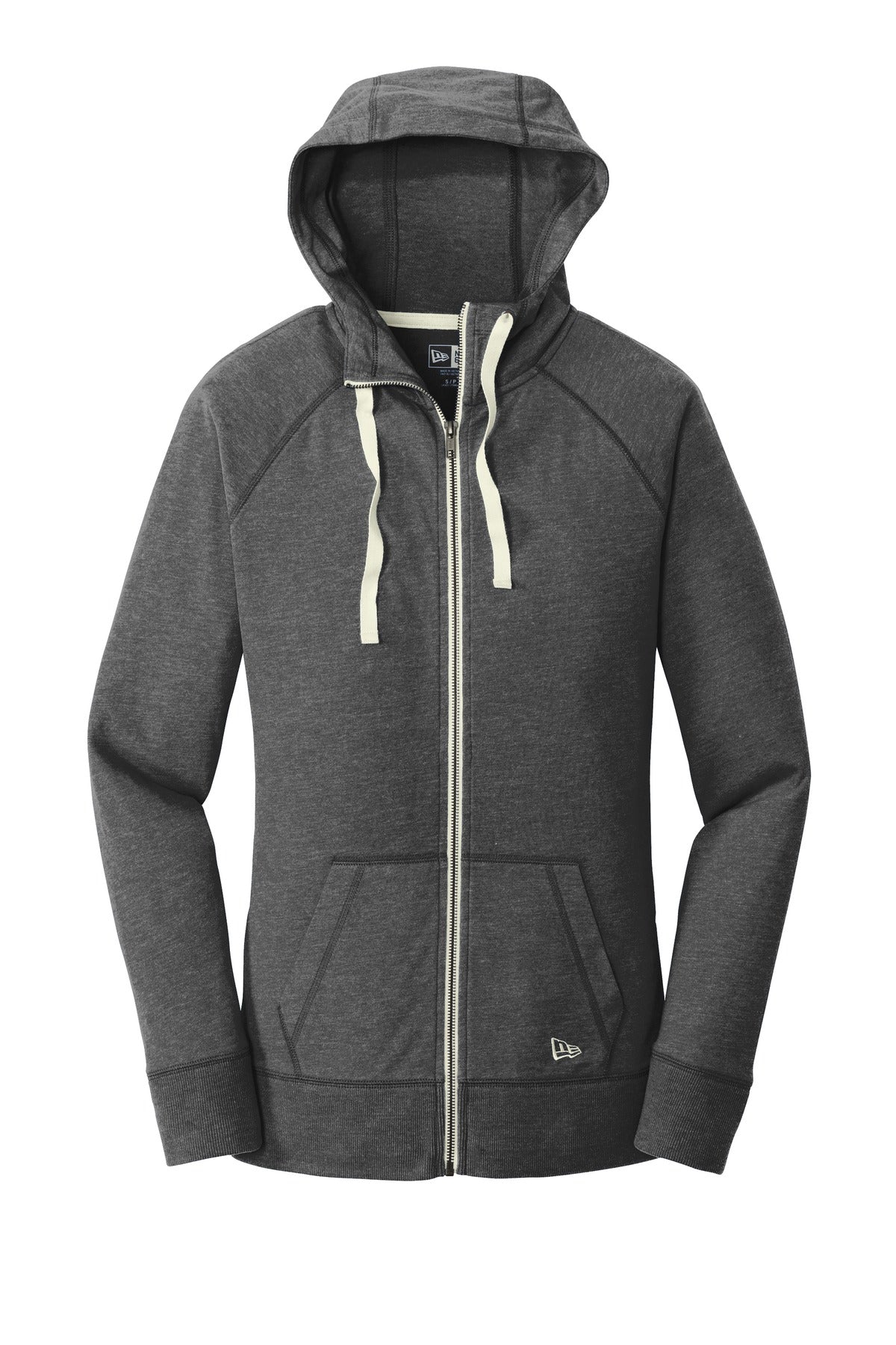 Front View of Black Heather New Era Women's Sueded Cotton Blend Full-Zip Hoodie. LNEA122