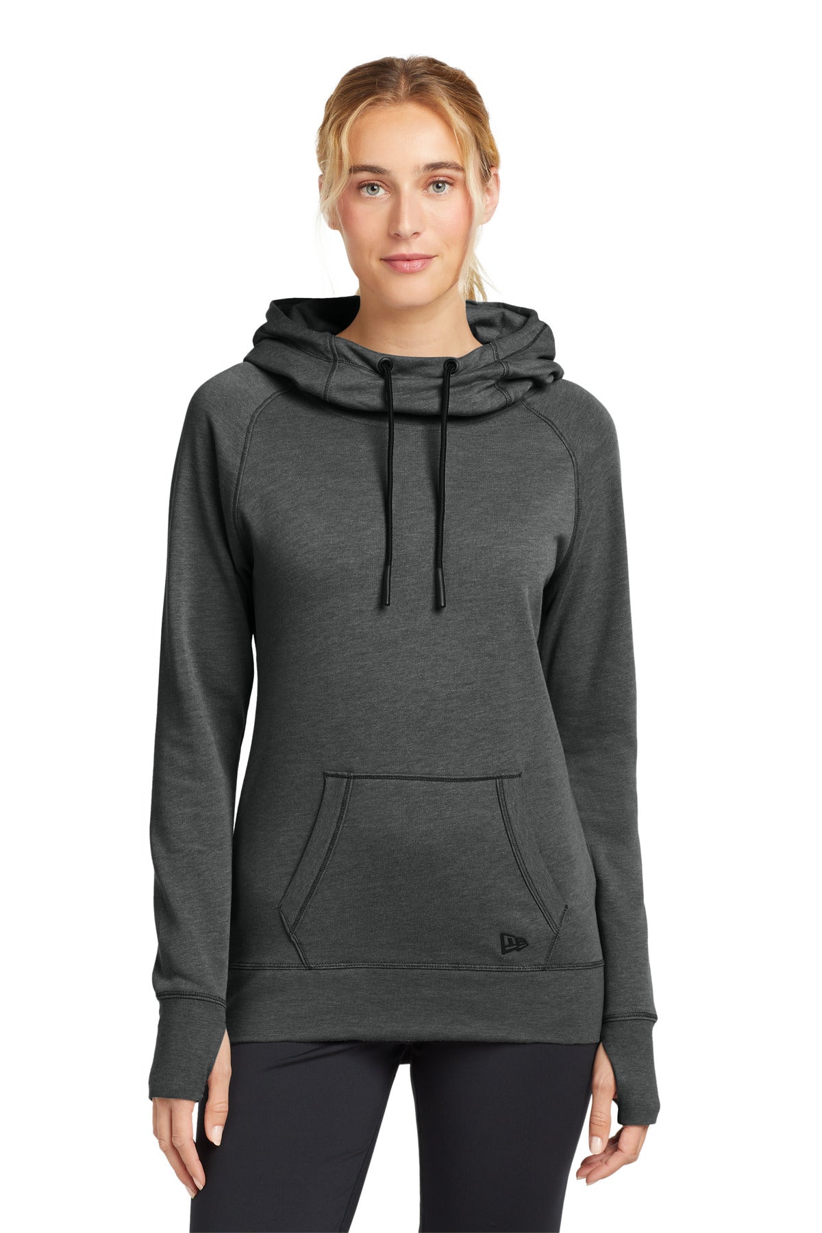 Front View of Black Heather New Era Women's Tri-Blend Fleece Pullover Hoodie. LNEA510