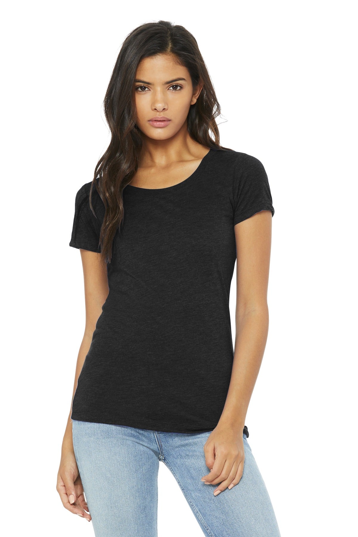 Front View of Black Ht TB BELLA+CANVAS Women's Triblend Short Sleeve Tee. BC8413