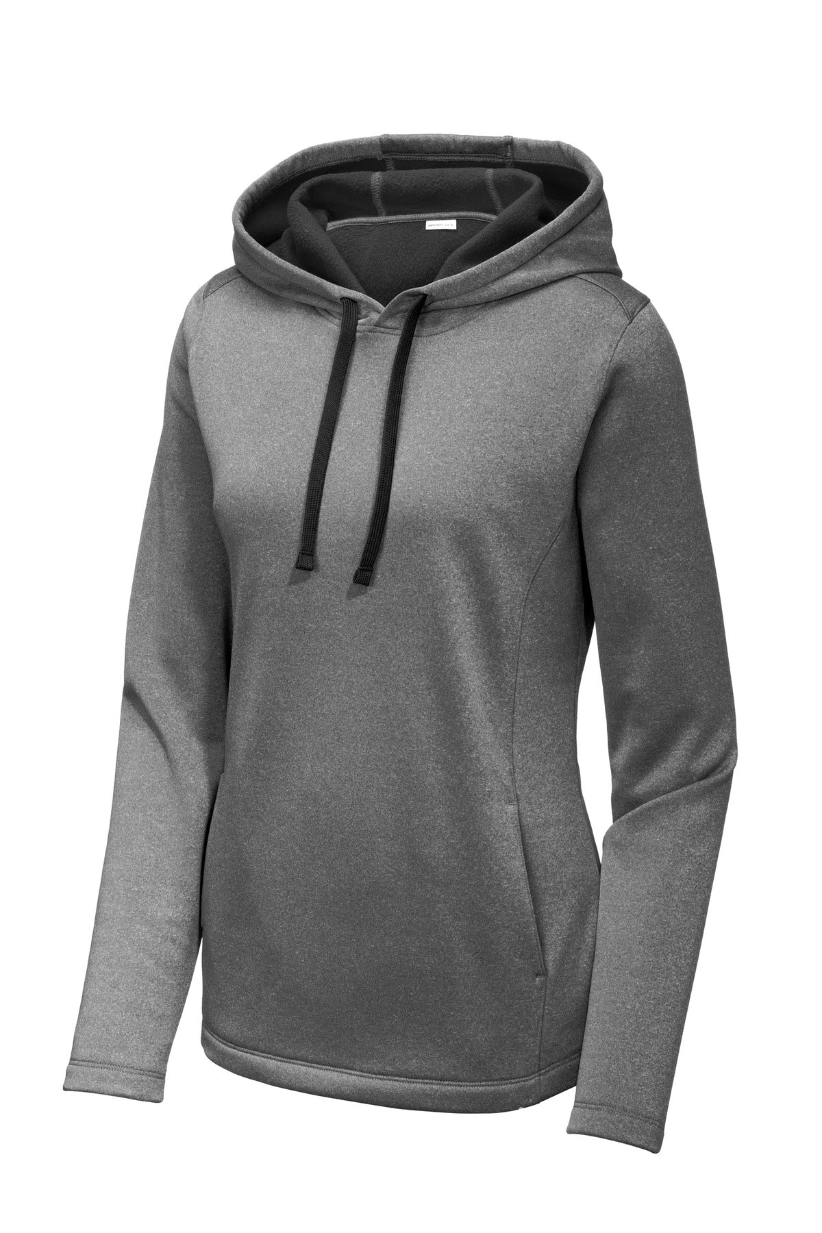 Front View of Black Hthr Sport-Tek Women's PosiCharge Sport-Wick Heather Fleece Hooded Pullover. LST264