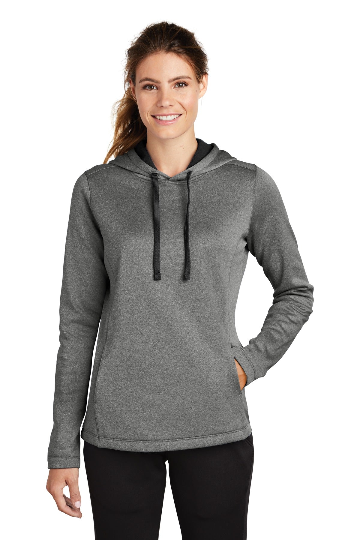 Front View of Black Hthr Sport-Tek Women's PosiCharge Sport-Wick Heather Fleece Hooded Pullover. LST264