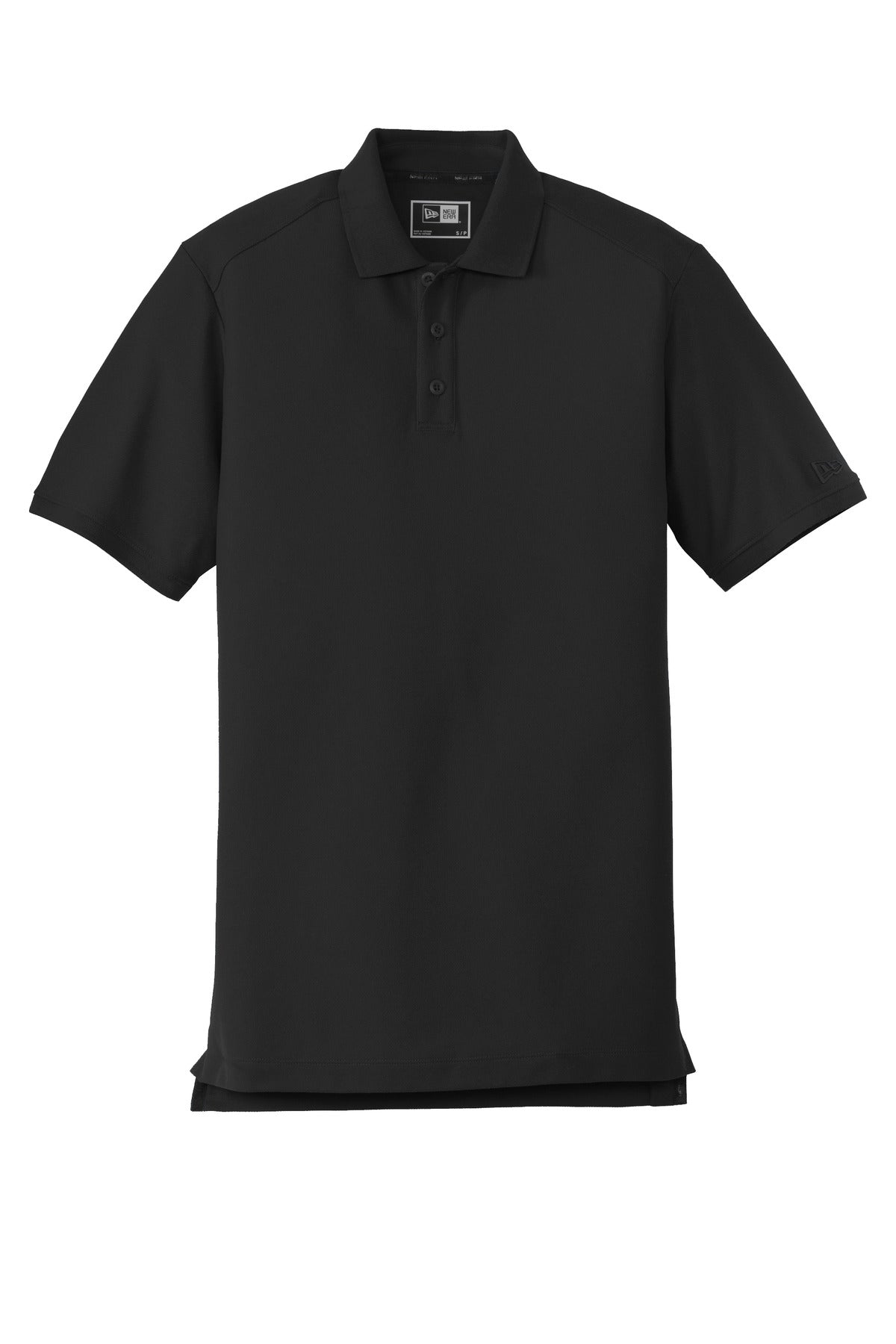 Front View of Black New Era Venue Home Plate Polo. NEA300