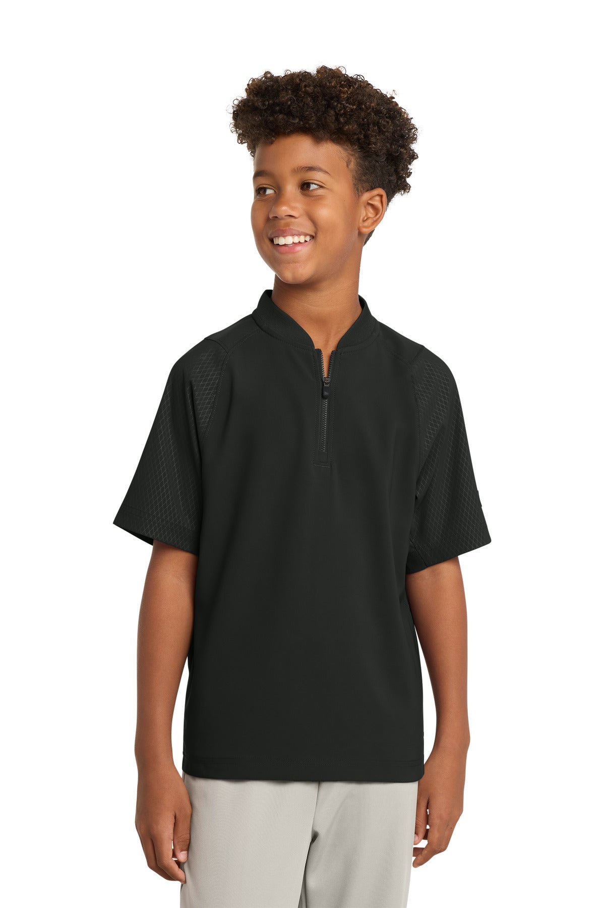 Front View of Black New Era Youth Cage Short Sleeve 1/4-Zip Jacket. YNEA600