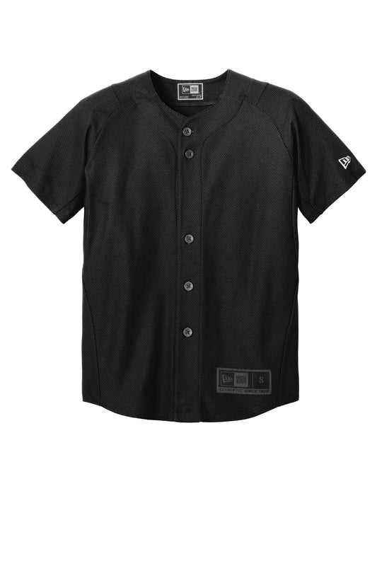 Front View of Black New Era Youth Diamond Era Full-Button Jersey. YNEA220