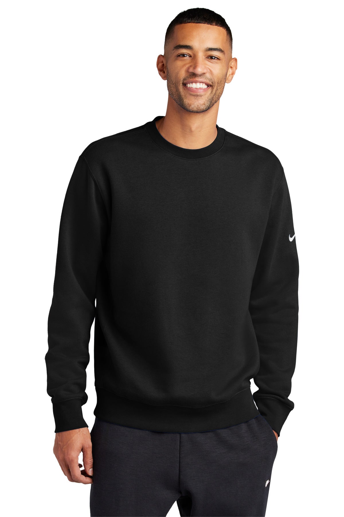 Front View of Black Nike Club Fleece Sleeve Swoosh Crew NKFD9863