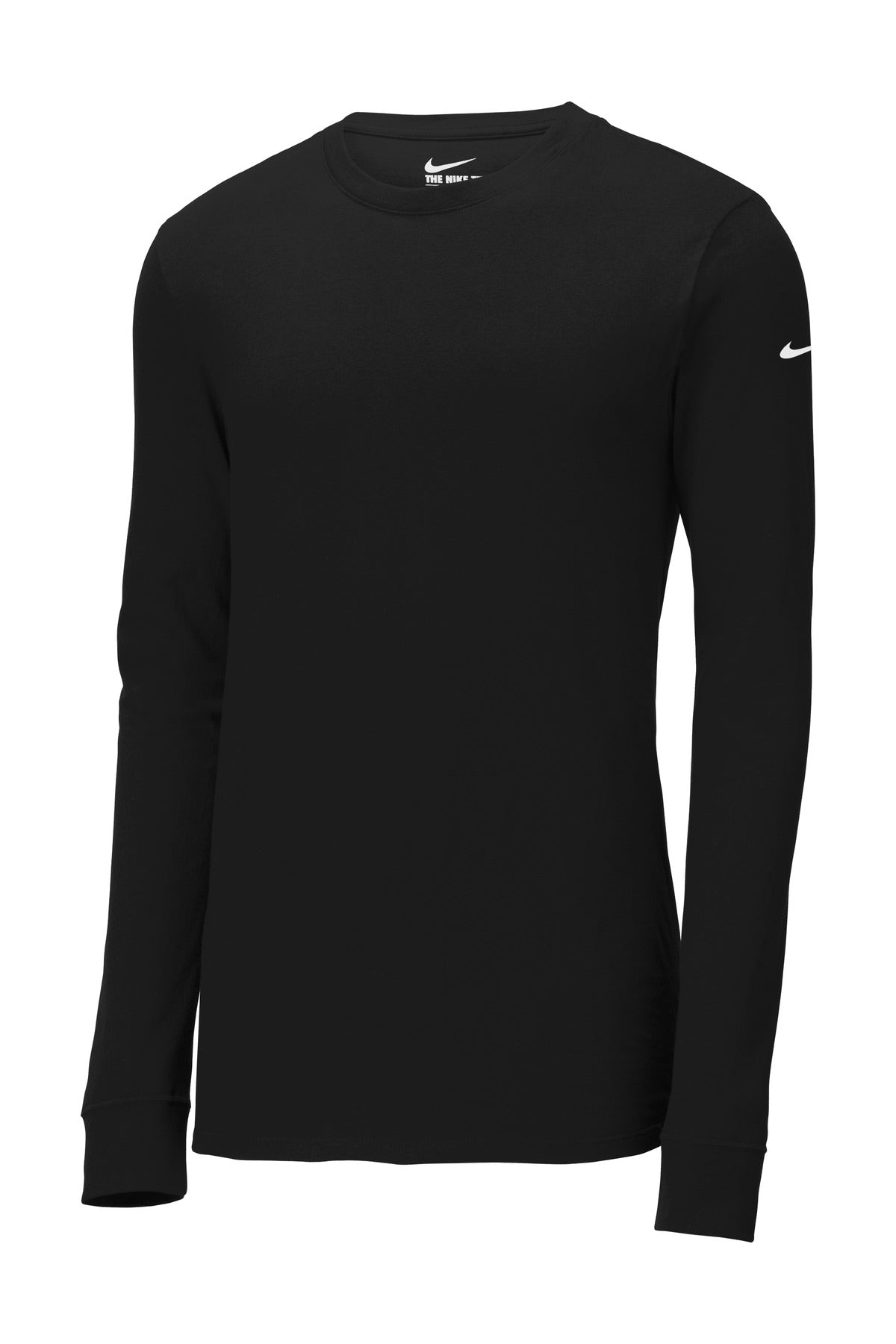 Front View of Black Nike Dri-FIT Cotton/Poly Long Sleeve Tee. NKBQ5230