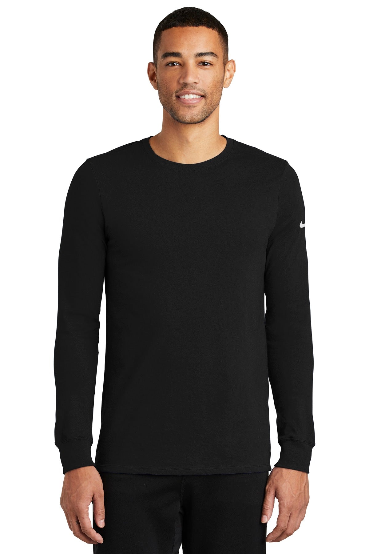 Front View of Black Nike Dri-FIT Cotton/Poly Long Sleeve Tee. NKBQ5230