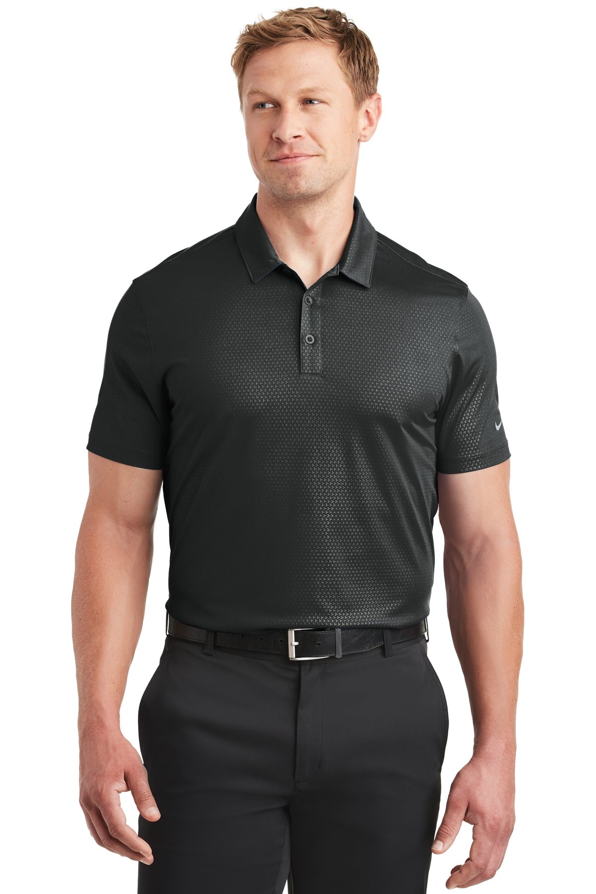 Front View of Black Nike Dri-FIT Embossed Tri-Blade Polo. 838964