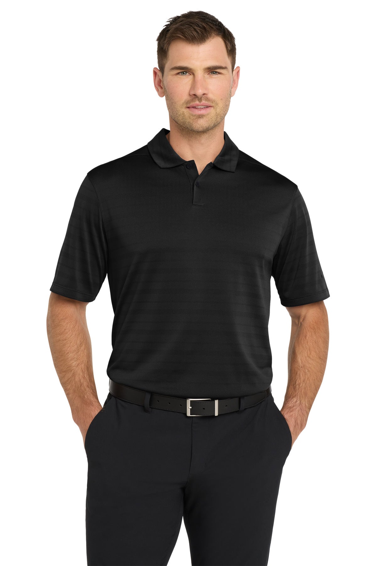 Front View of Black Nike Dri-FIT Vapor Jacquard Polo NKDC2115