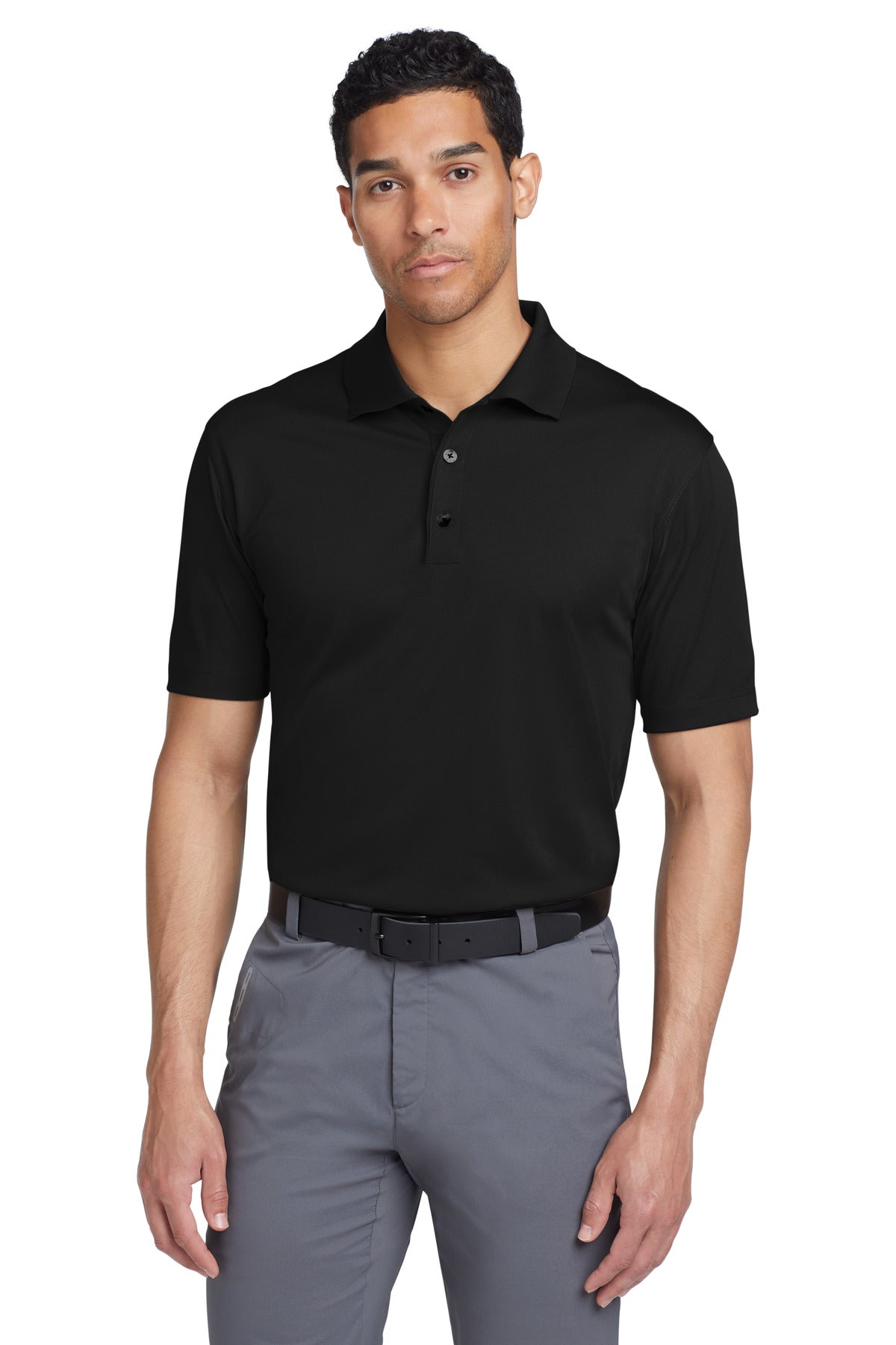 Front View of Black Nike Tech Basic Dri-FIT Polo. 203690