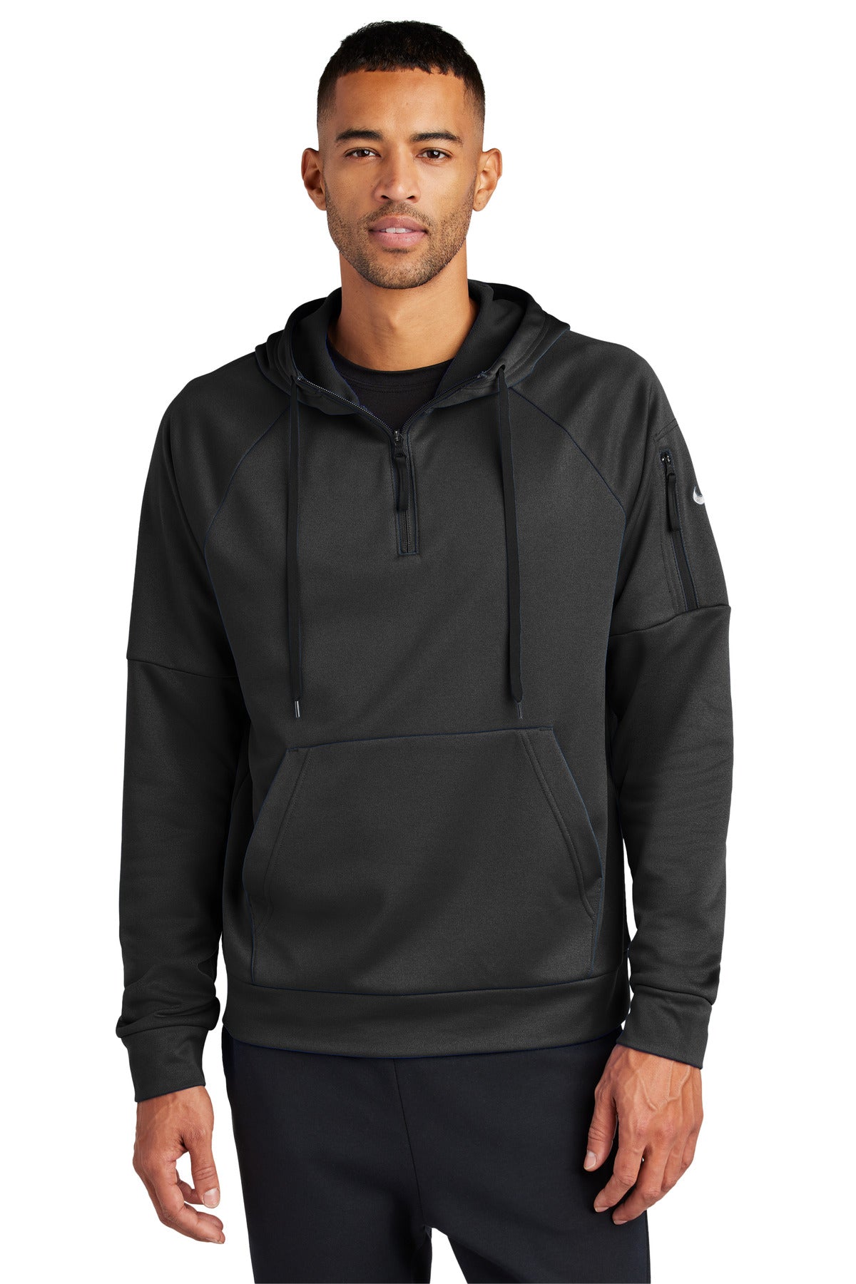 Front View of Black Nike Therma-FIT Pocket 1/4-Zip Fleece Hoodie NKFD9742