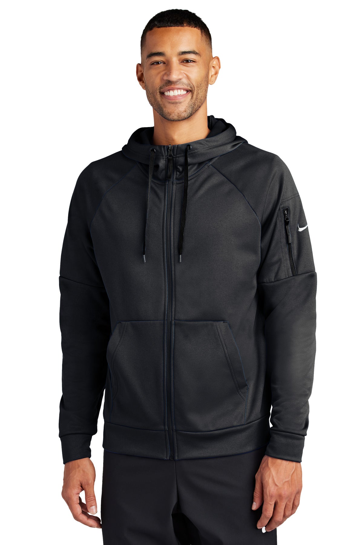 Front View of Black Nike Therma-FIT Pocket Full-Zip Fleece Hoodie NKFD9859