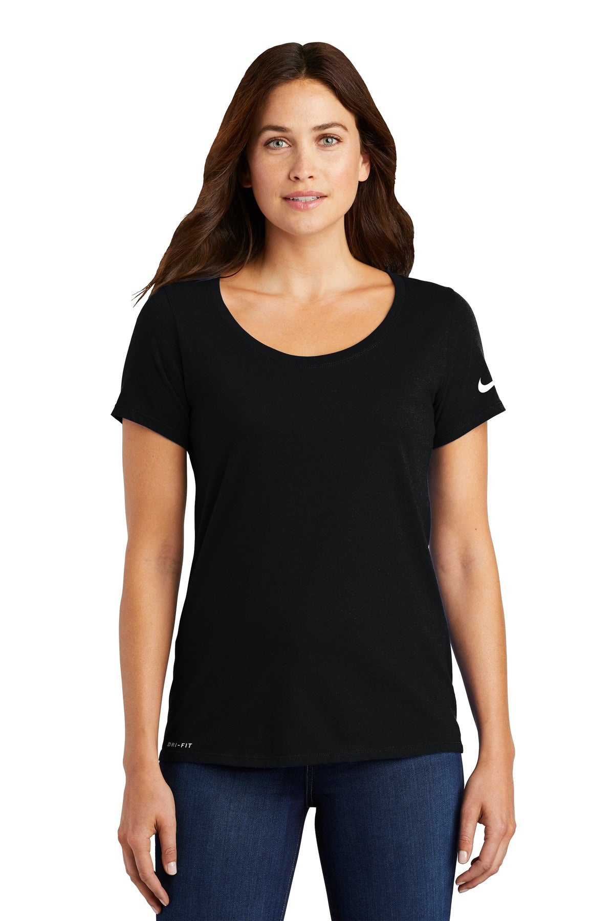 Front View of Black Nike Women's Dri-FIT Cotton/Poly Scoop Neck Tee. NKBQ5234