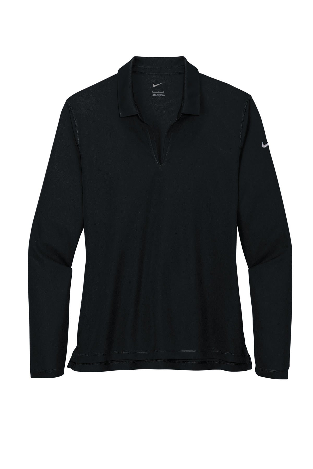 Front View of Black Nike Women's Dri-FIT Micro Pique 2.0 Long Sleeve Polo NKDC2105