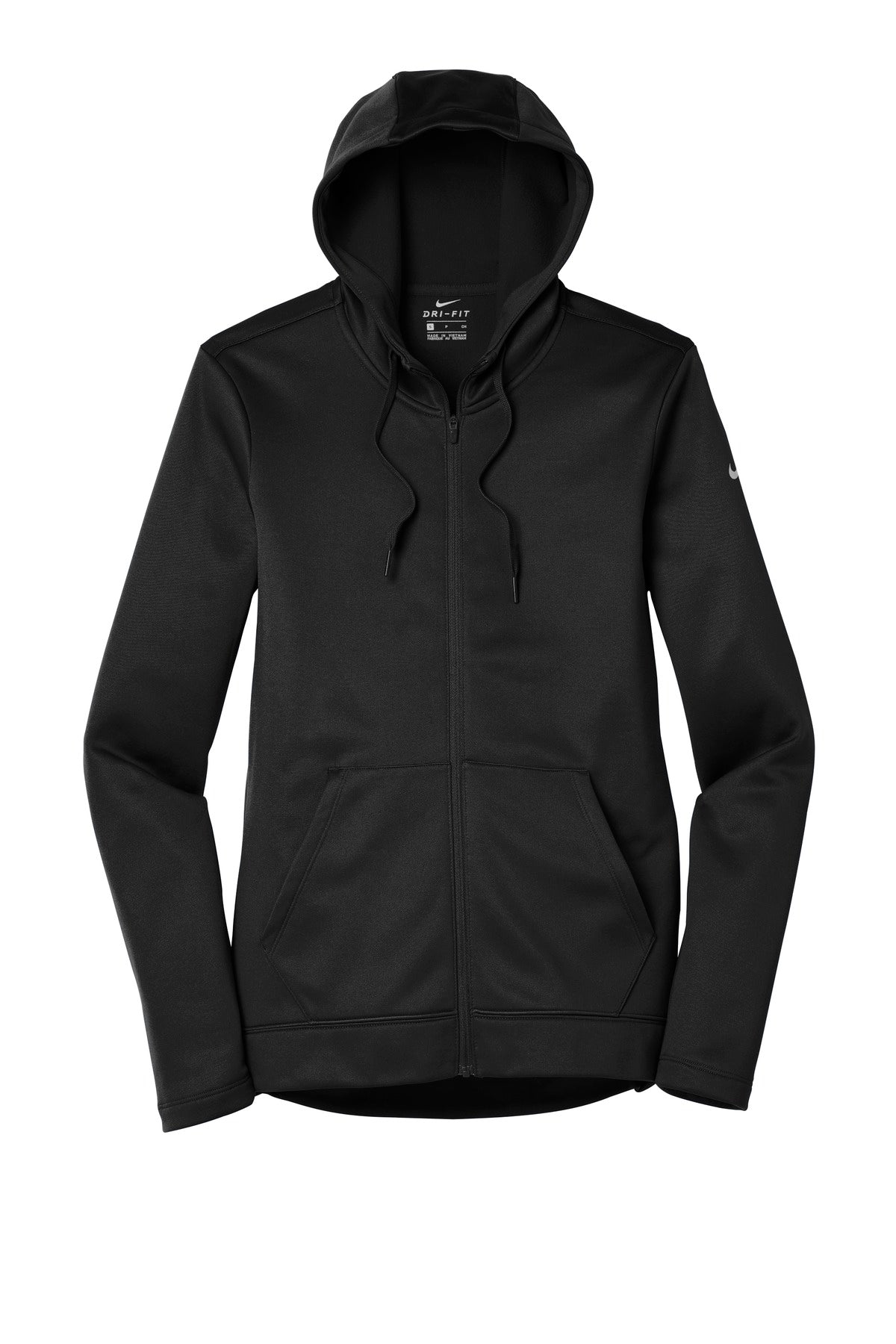 Front View of Black Nike Women's Therma-FIT Full-Zip Fleece Hoodie. NKAH6264