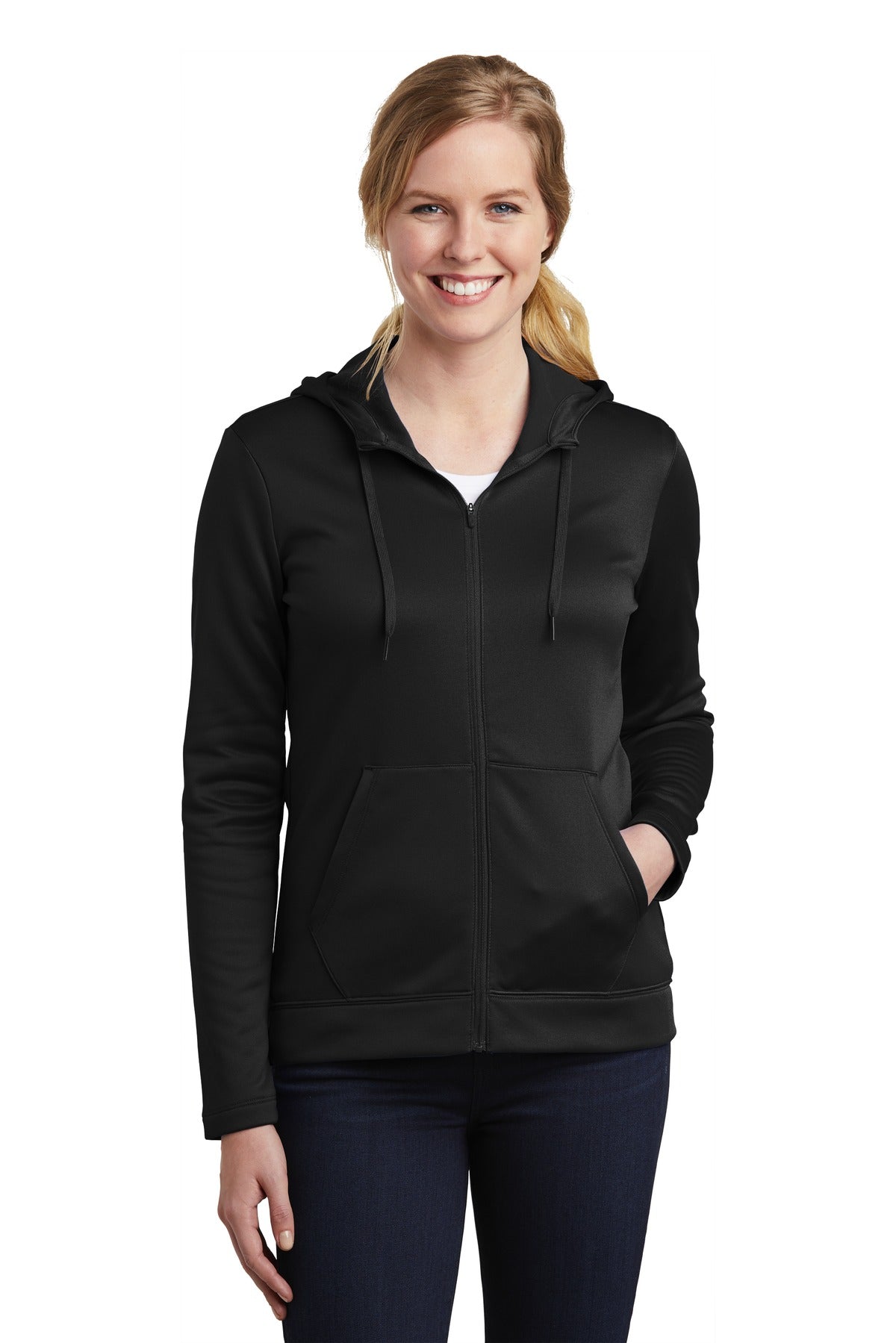 Front View of Black Nike Women's Therma-FIT Full-Zip Fleece Hoodie. NKAH6264