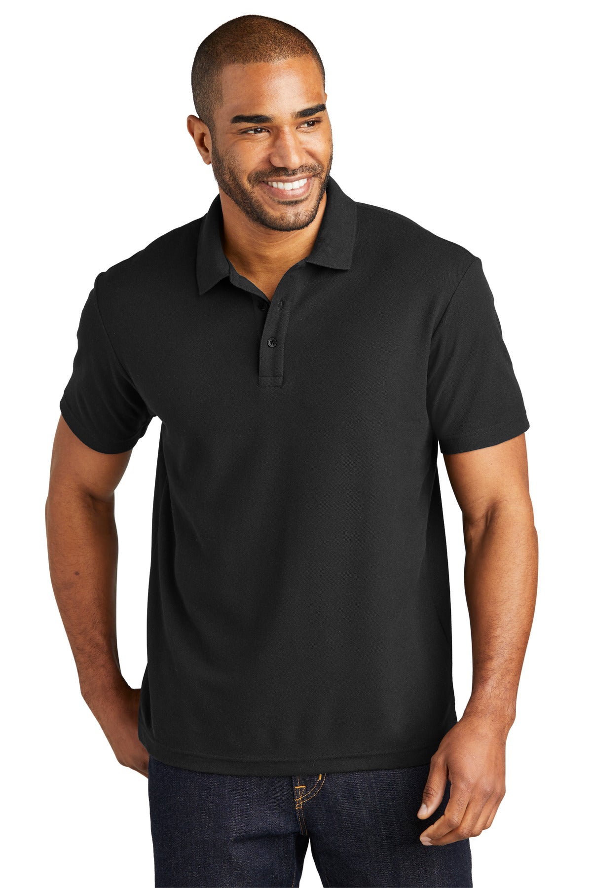Front View of Black Port Authority C-FREE Cotton Blend Pique Polo K867