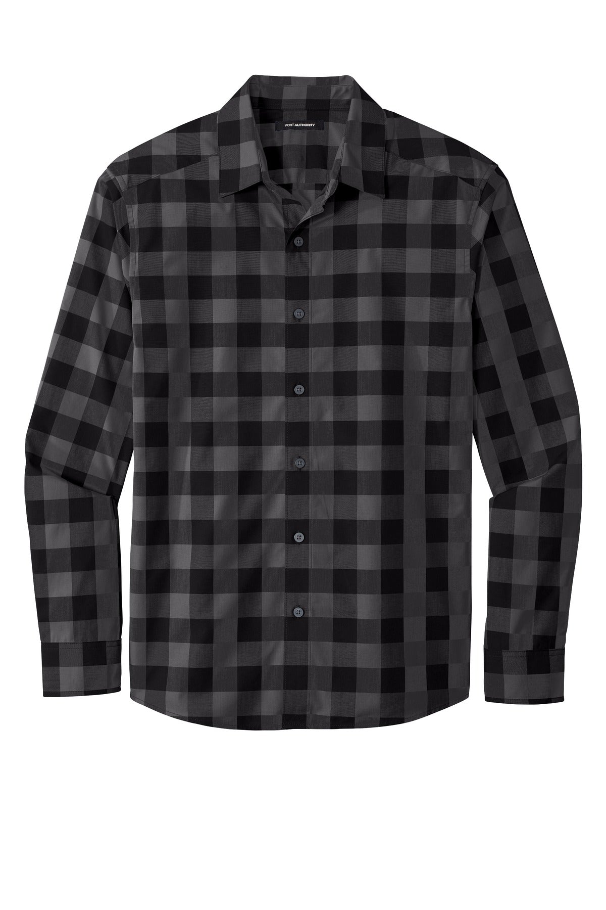 Front View of Black Port Authority Everyday Plaid Shirt. W670
