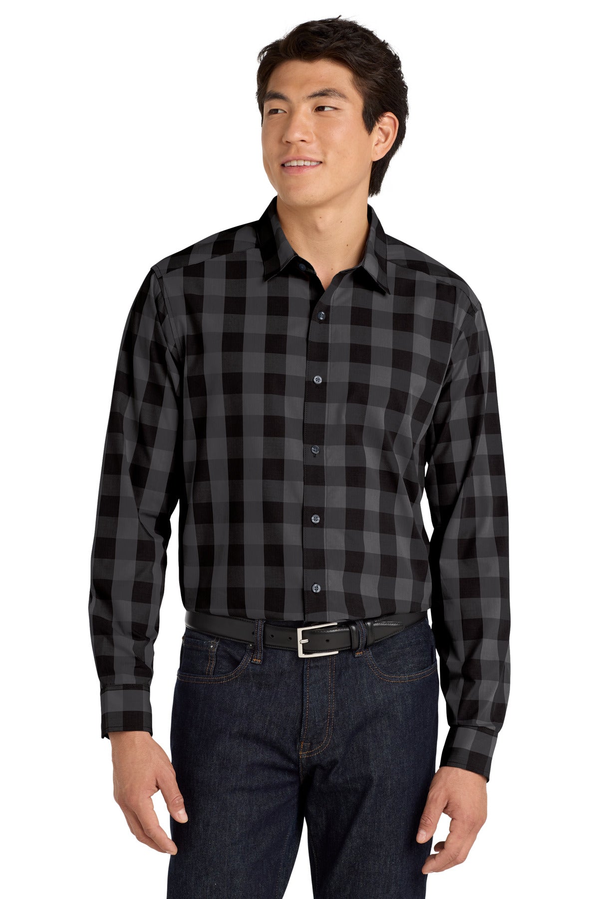 Front View of Black Port Authority Everyday Plaid Shirt. W670