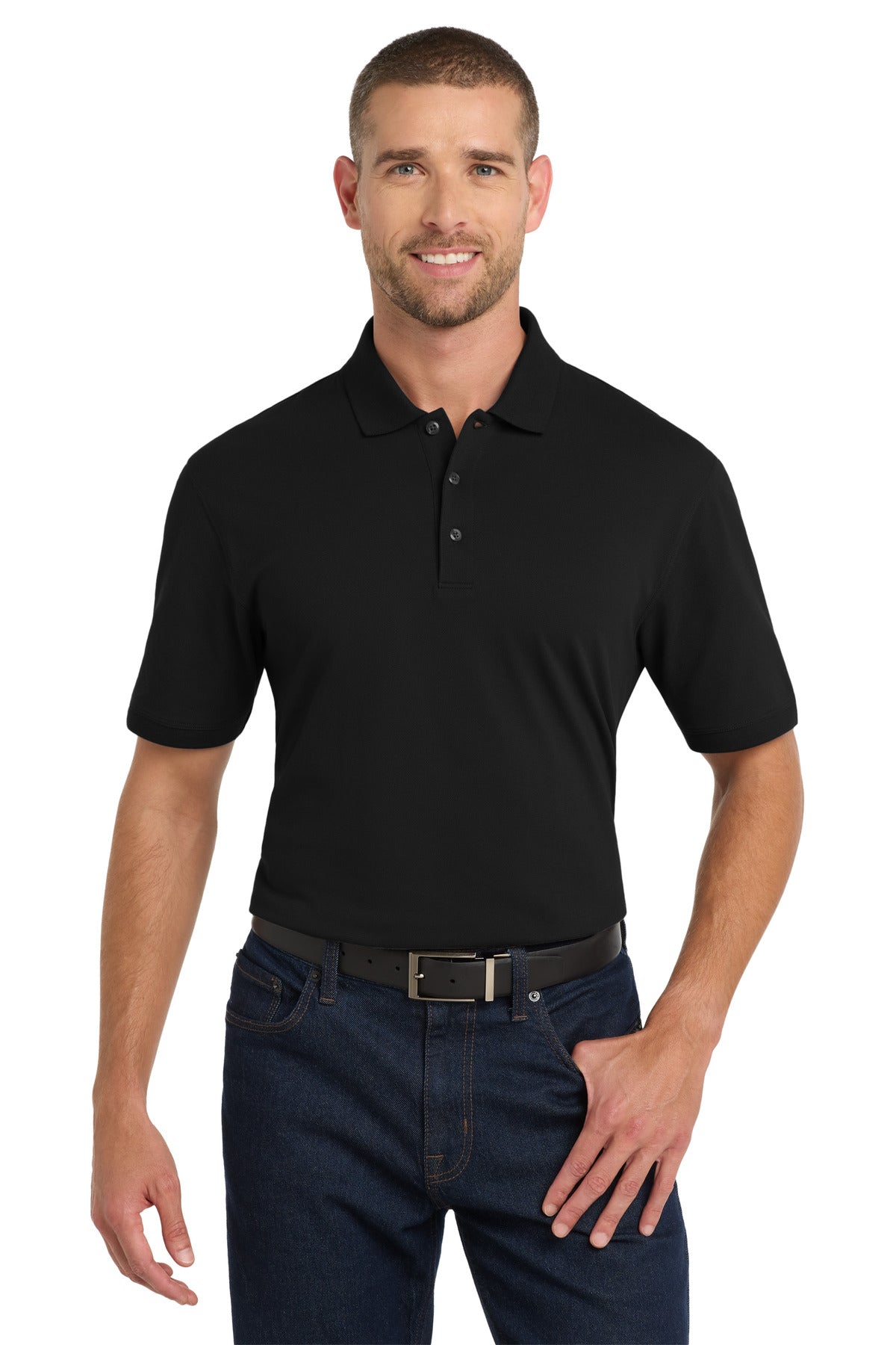 Front View of Black Port Authority EZCotton Polo. K8000