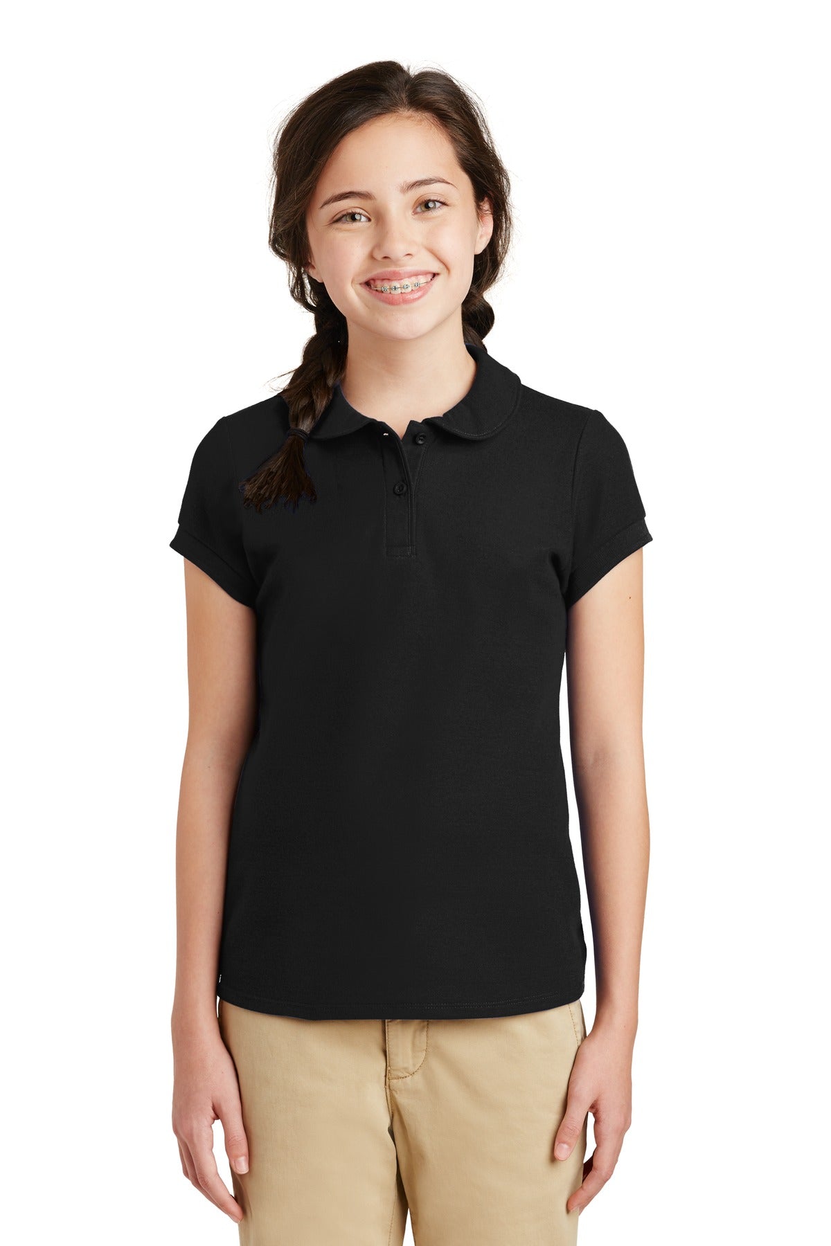 Front View of Black Port Authority Girls Silk Touch Peter Pan Collar Polo. YG503
