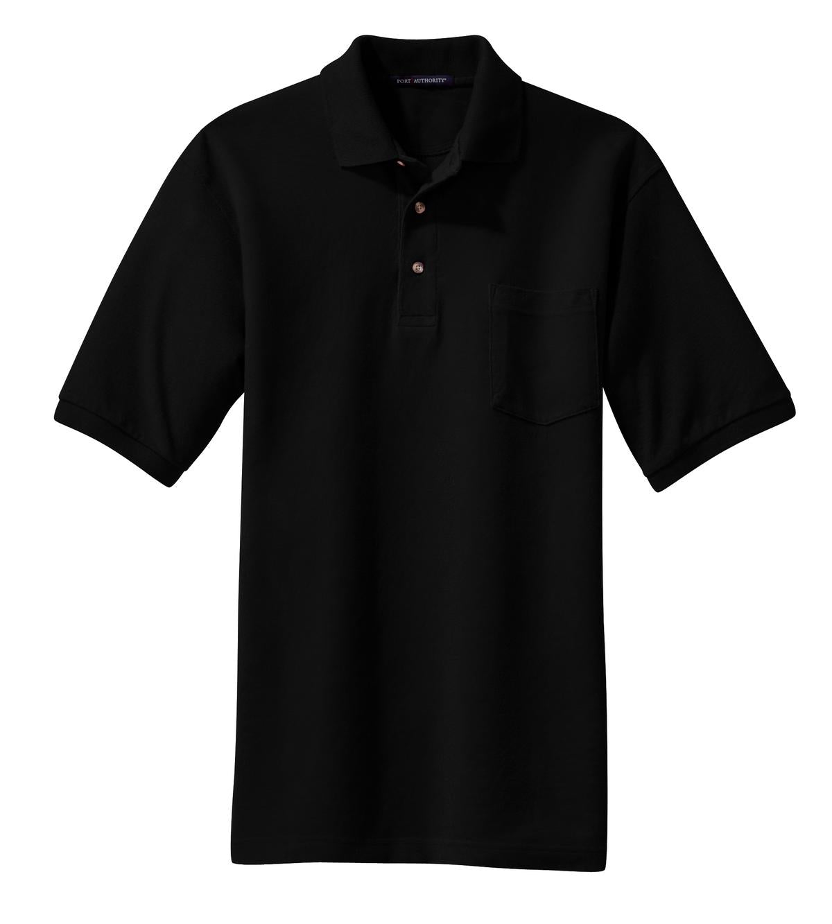 Front View of Black Port Authority Heavyweight Cotton Pique Polo with Pocket. K420P