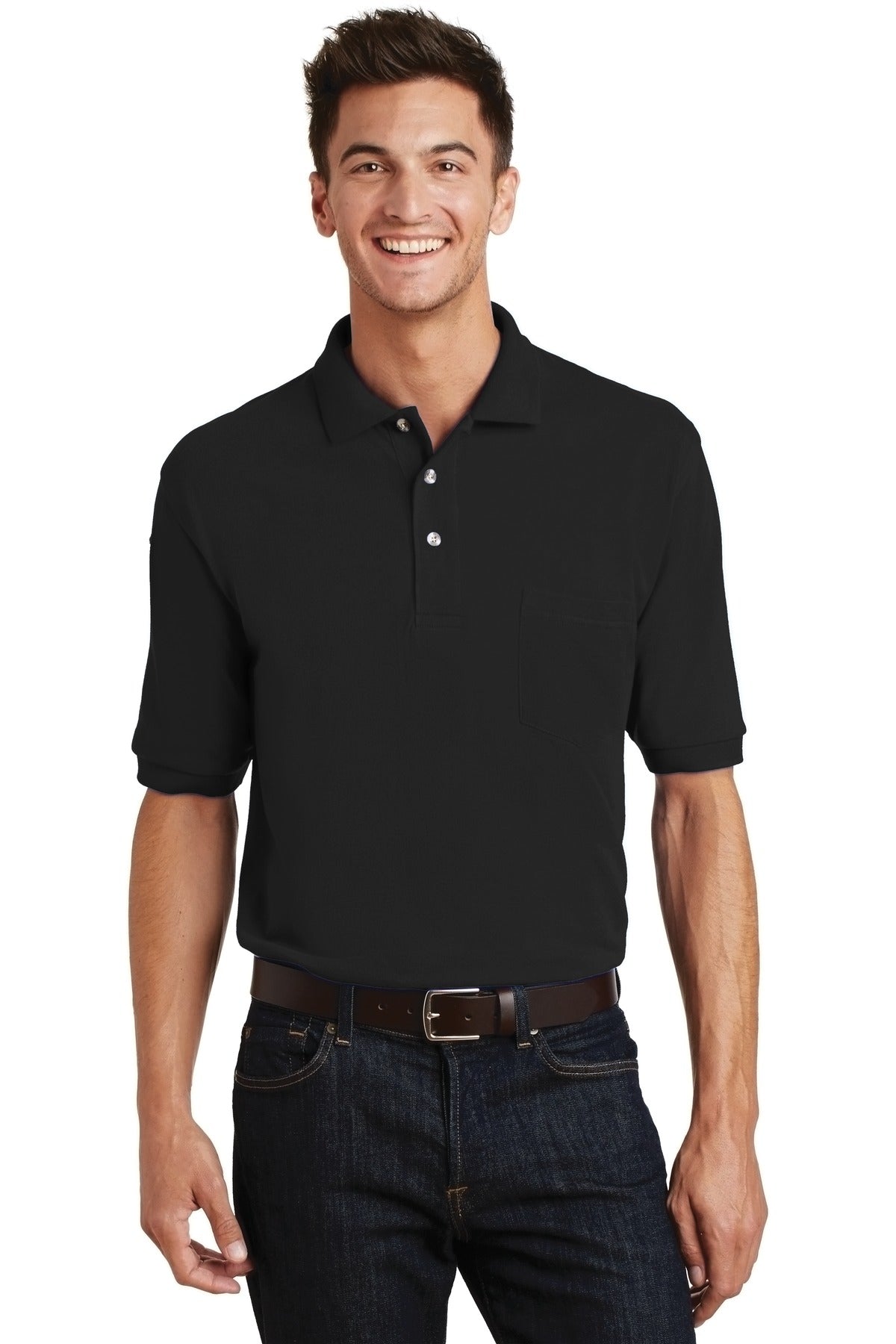 Front View of Black Port Authority Heavyweight Cotton Pique Polo with Pocket. K420P