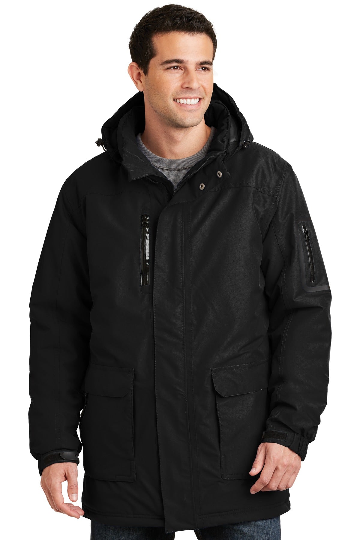 Front View of Black Port Authority Heavyweight Parka. J799