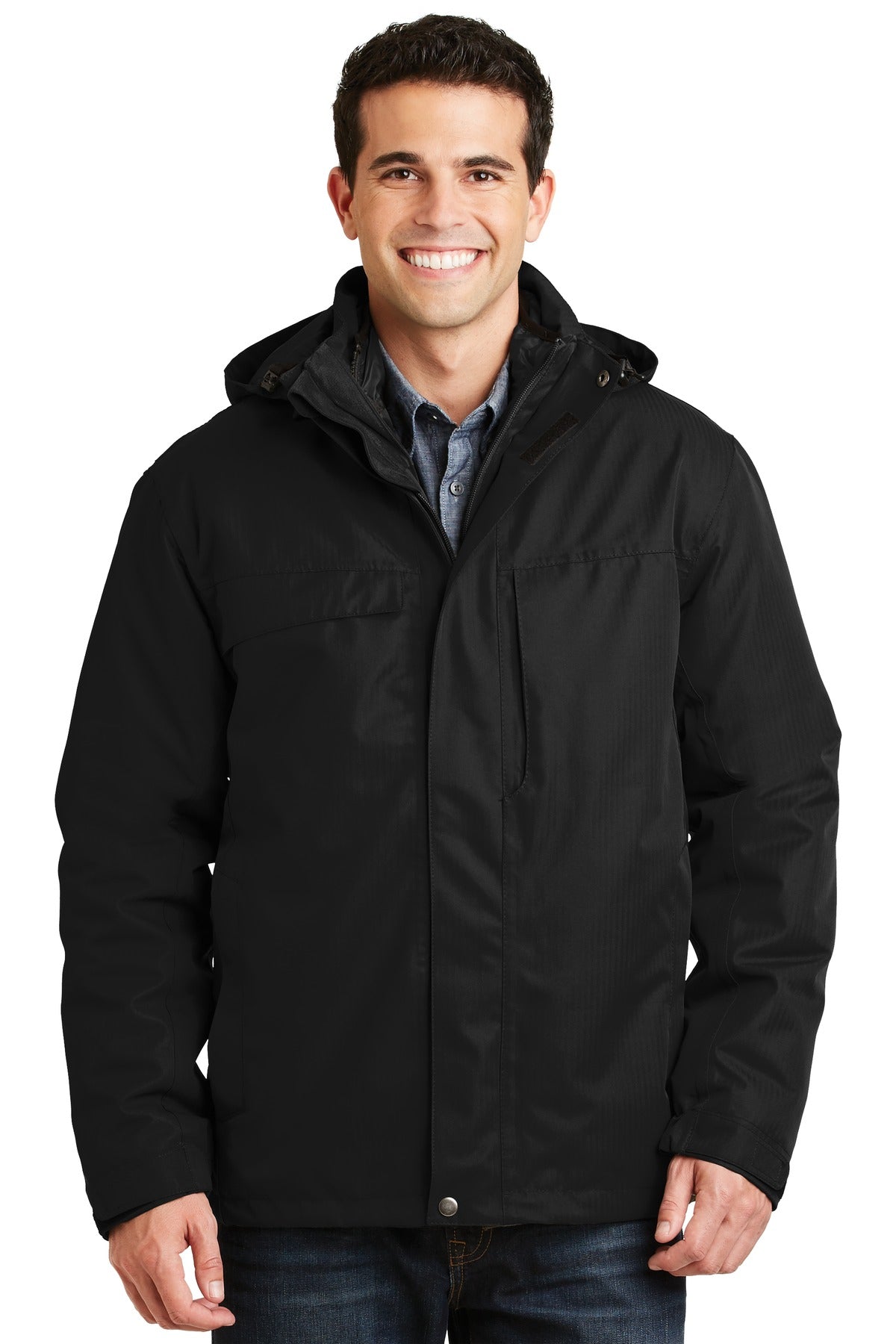 Front View of Black Port Authority Herringbone 3-in-1 Parka. J302