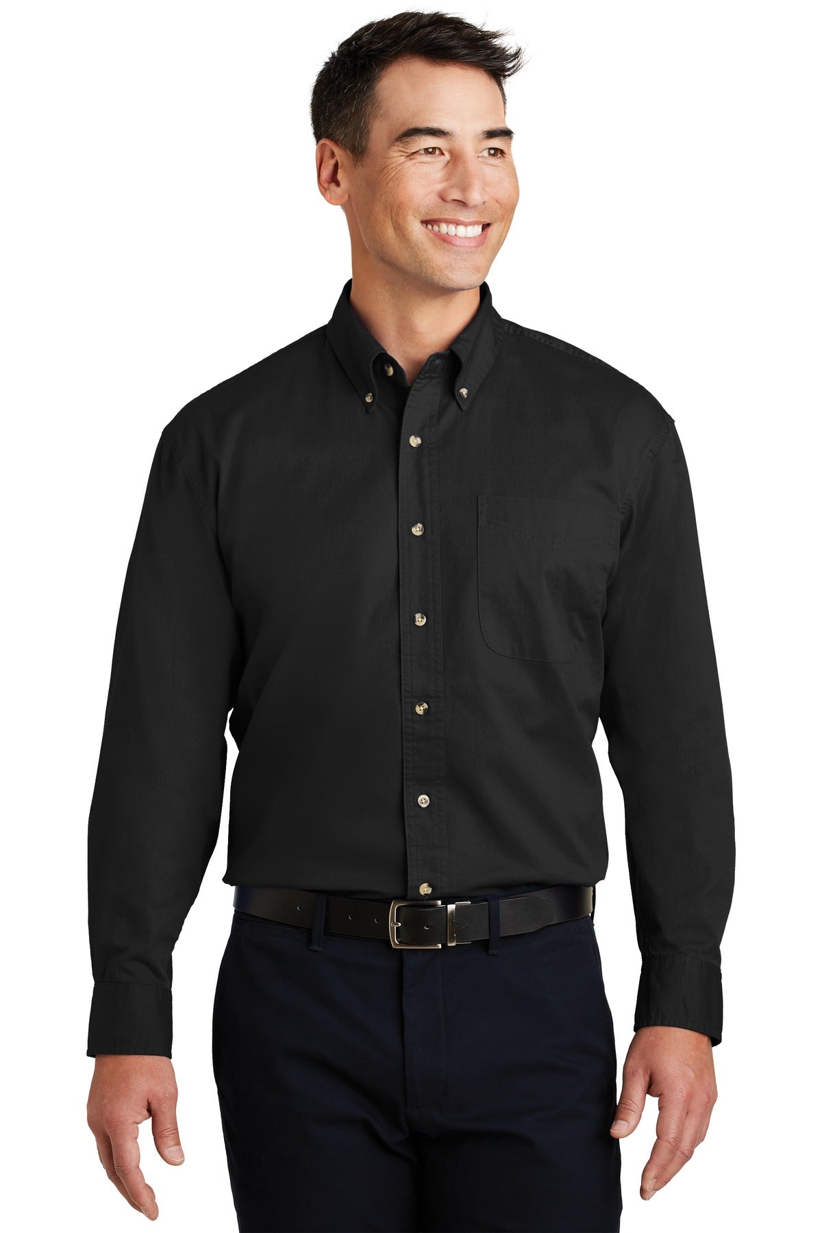 Front View of Black Port Authority Long Sleeve Twill Shirt. S600T