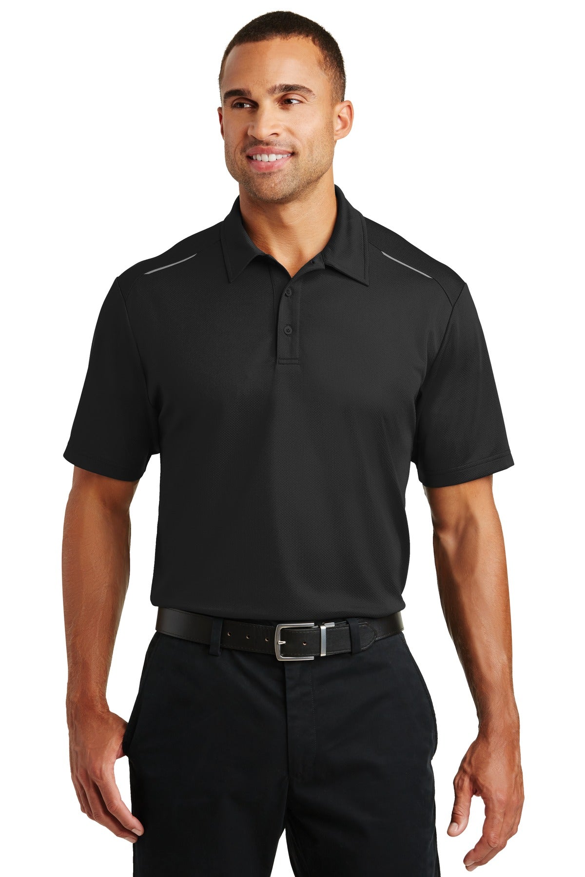 Front View of Black Port Authority Pinpoint Mesh Polo. K580