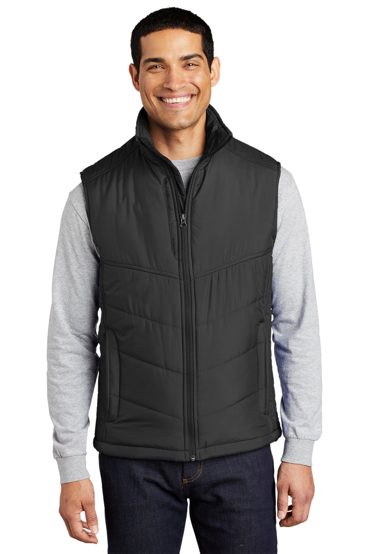 Front View of Black Port Authority Puffy Vest. J709