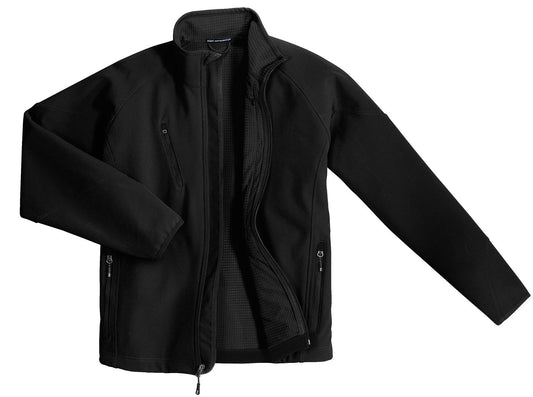 Front View of Black Port Authority Textured Soft Shell Jacket. J705