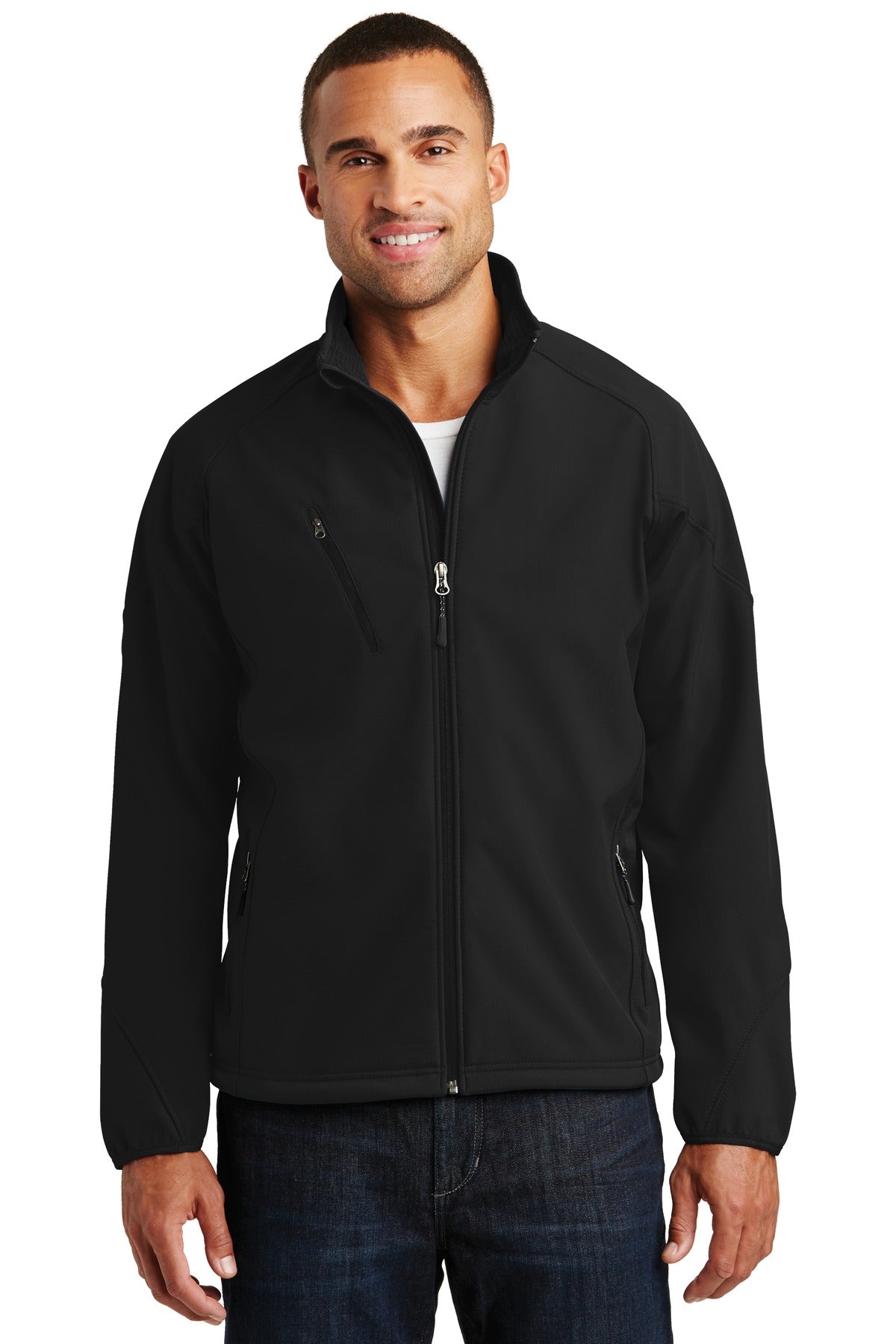Front View of Black Port Authority Textured Soft Shell Jacket. J705