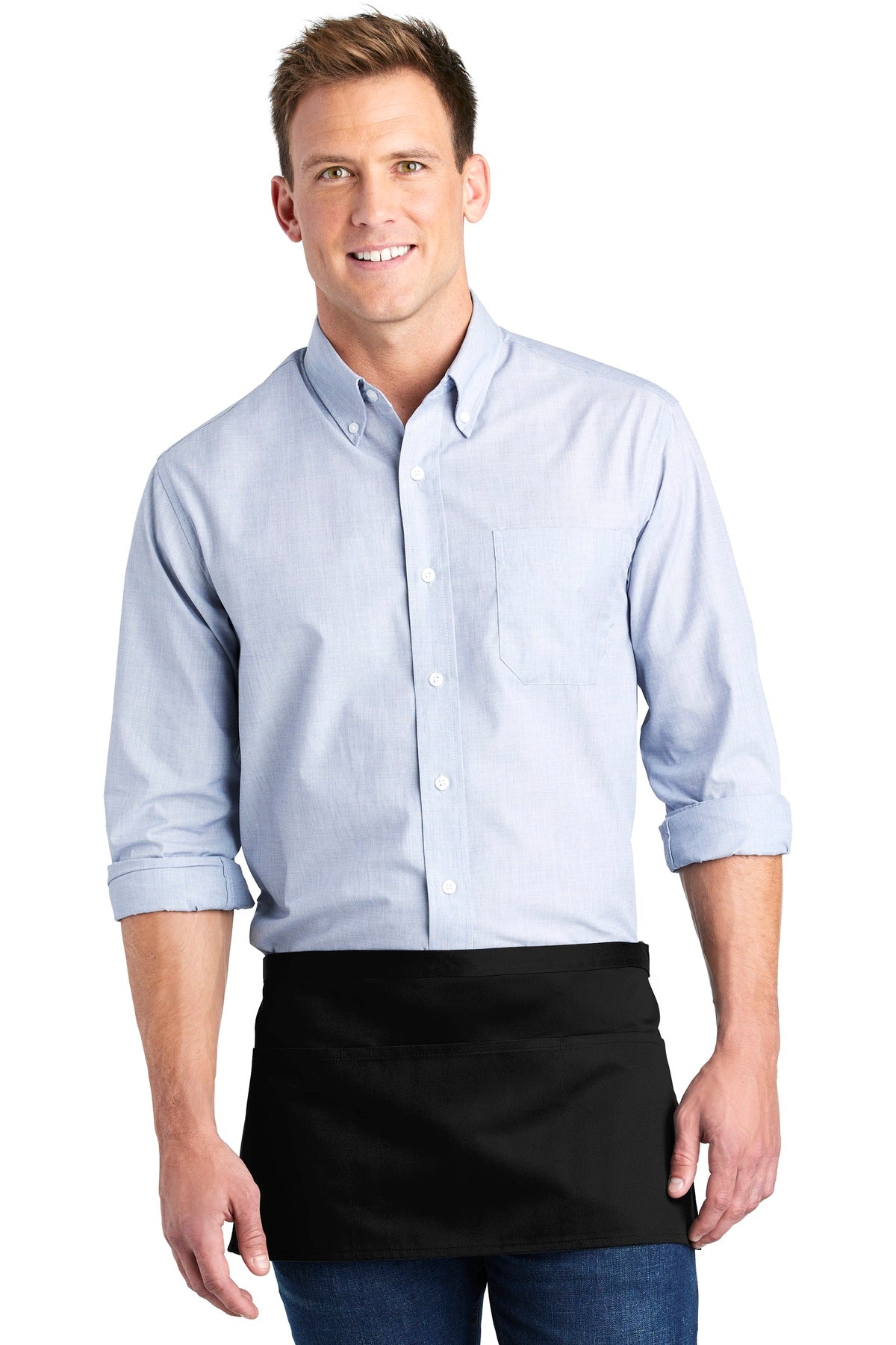 Front View of Black Port Authority Three-Pocket Waist Apron. A602
